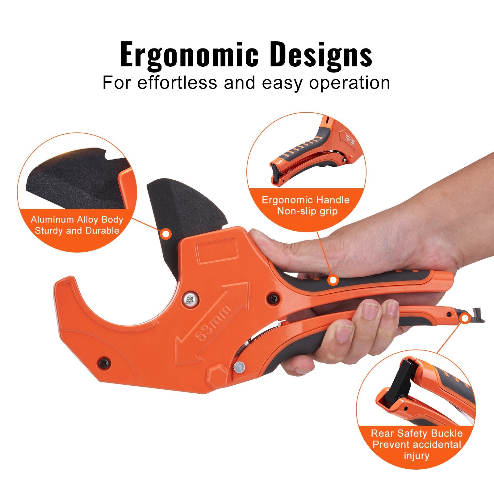 VEVOR PVC Pipe Cutter, 0-2-1/2" O.D. Ratcheting PVC Pipe Cutter, Heavy Duty Tube Cutting Tool with Spare SK5 Blade for PVC, CPVC, PP-R, PEX, PE, Rubber Hoses 5