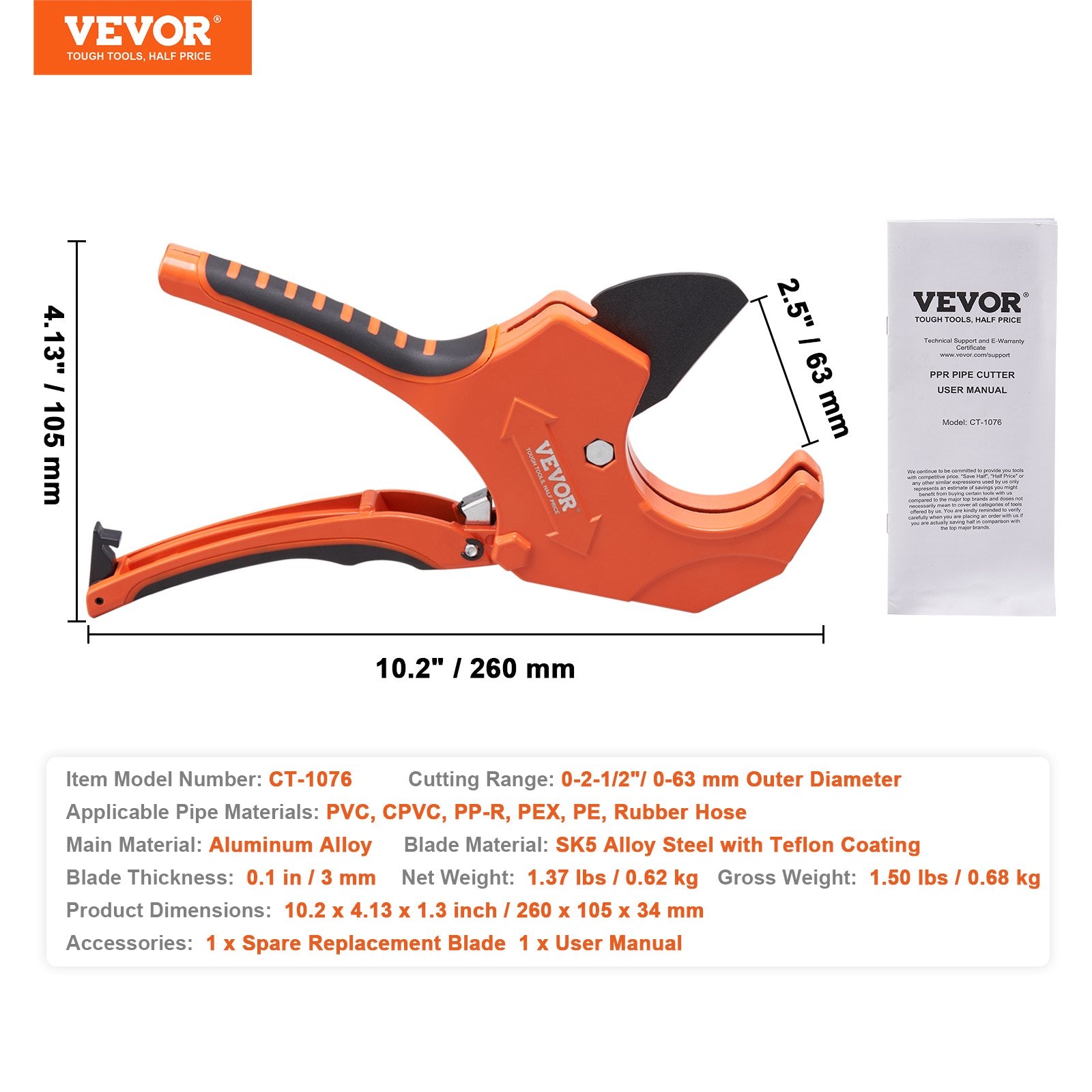 VEVOR PVC Pipe Cutter, 0-2-1/2" O.D. Ratcheting PVC Pipe Cutter, Heavy Duty Tube Cutting Tool with Spare SK5 Blade for PVC, CPVC, PP-R, PEX, PE, Rubber Hoses 7