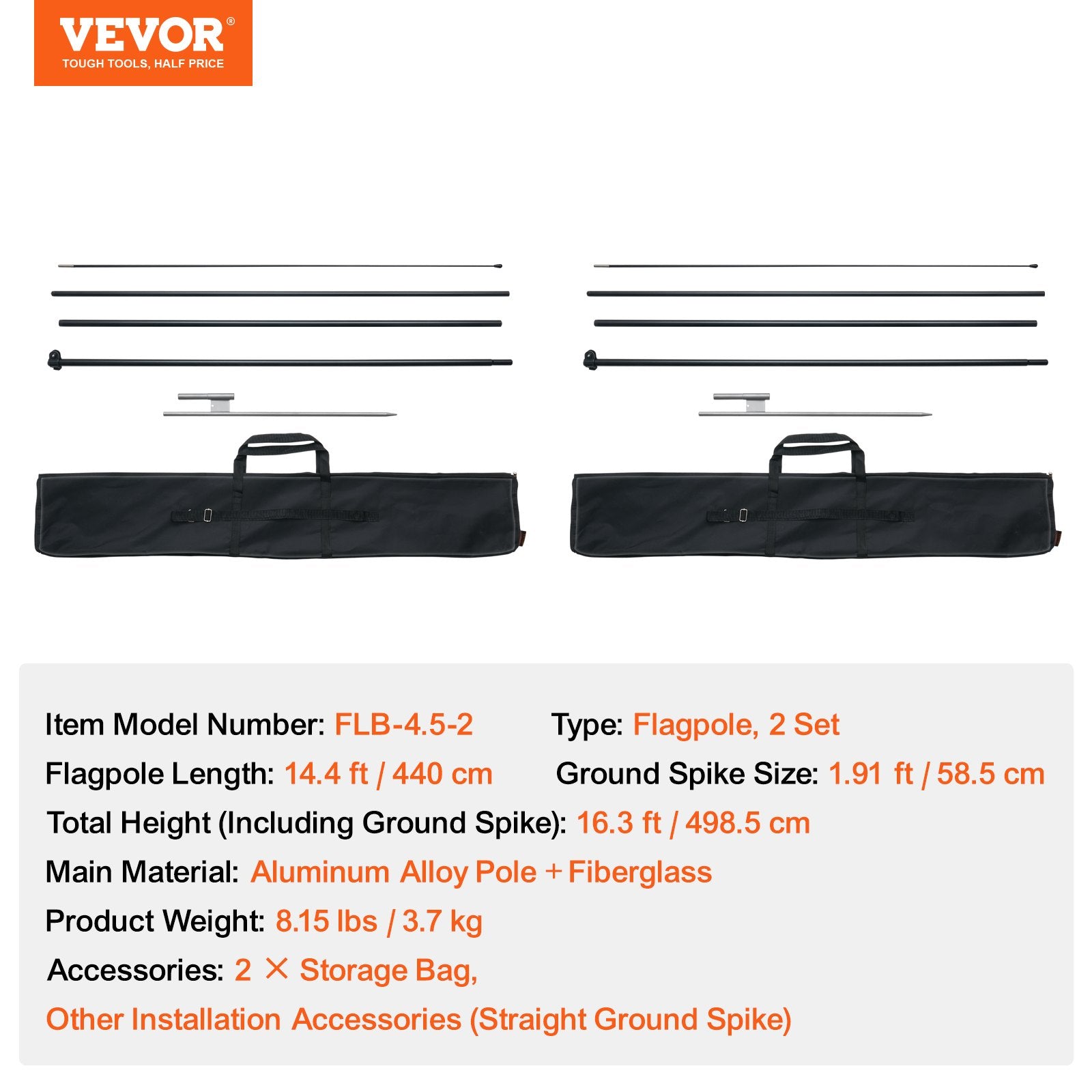 VEVOR Feather Flag Pole Kit 2 Packs Swooper Flag Pole 16.3 ft with Ground Stakes 7