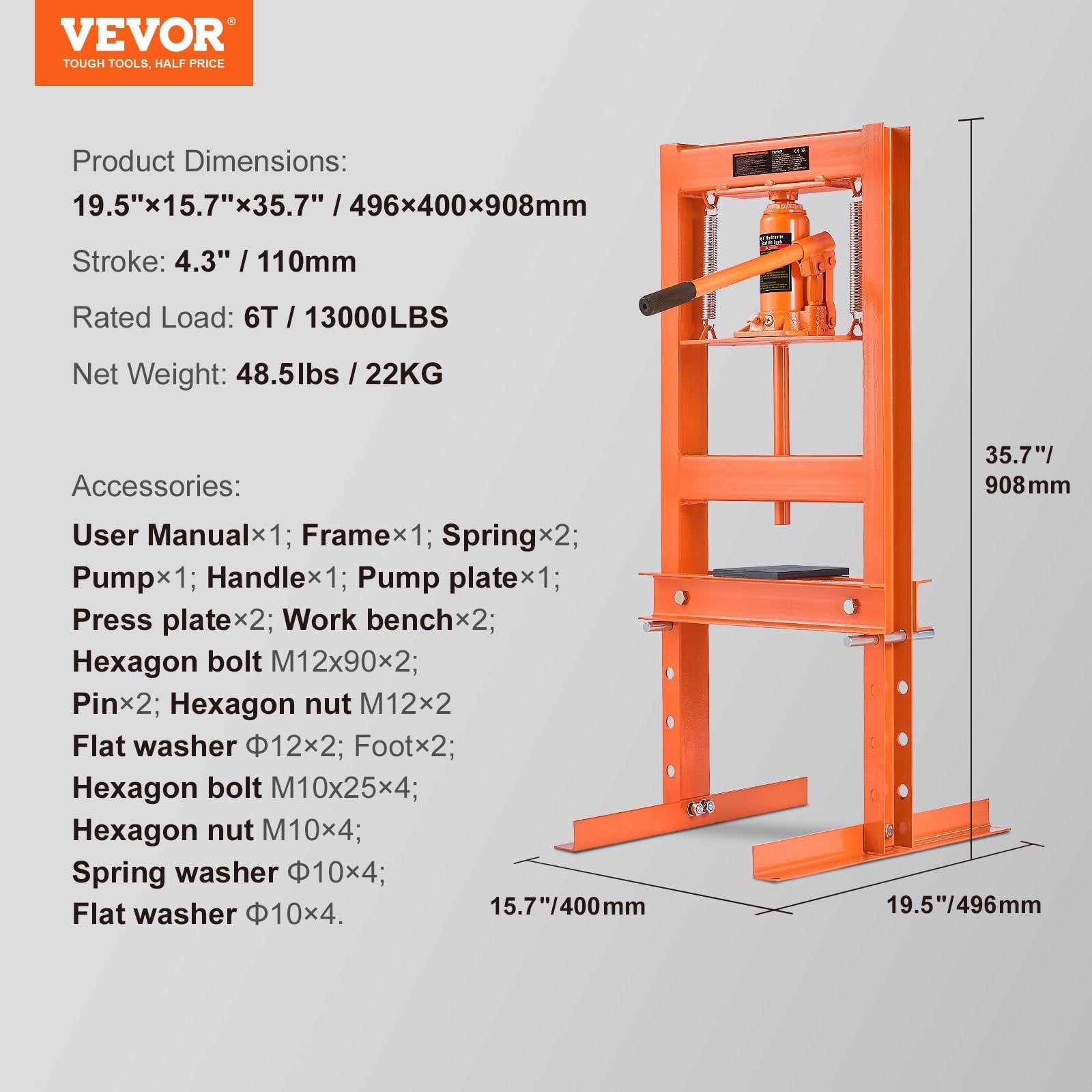 VEVOR Hydraulic Shop Press 6 Ton with Press Plates H-Frame Benchtop Press Stand 7