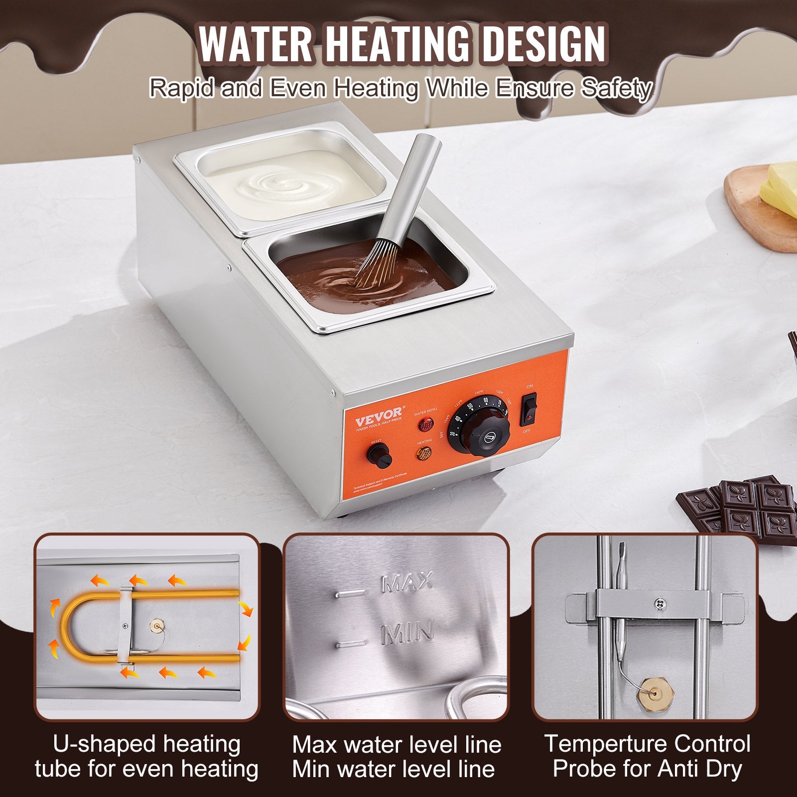 VEVOR Chocolate Tempering Machine, 2 Tanks Chocolate Melting Pot with TEMP Control, 800W Stainless Steel Electric Commercial Food Warmer For Chocolate/Milk/Cream Melting and Heating 4