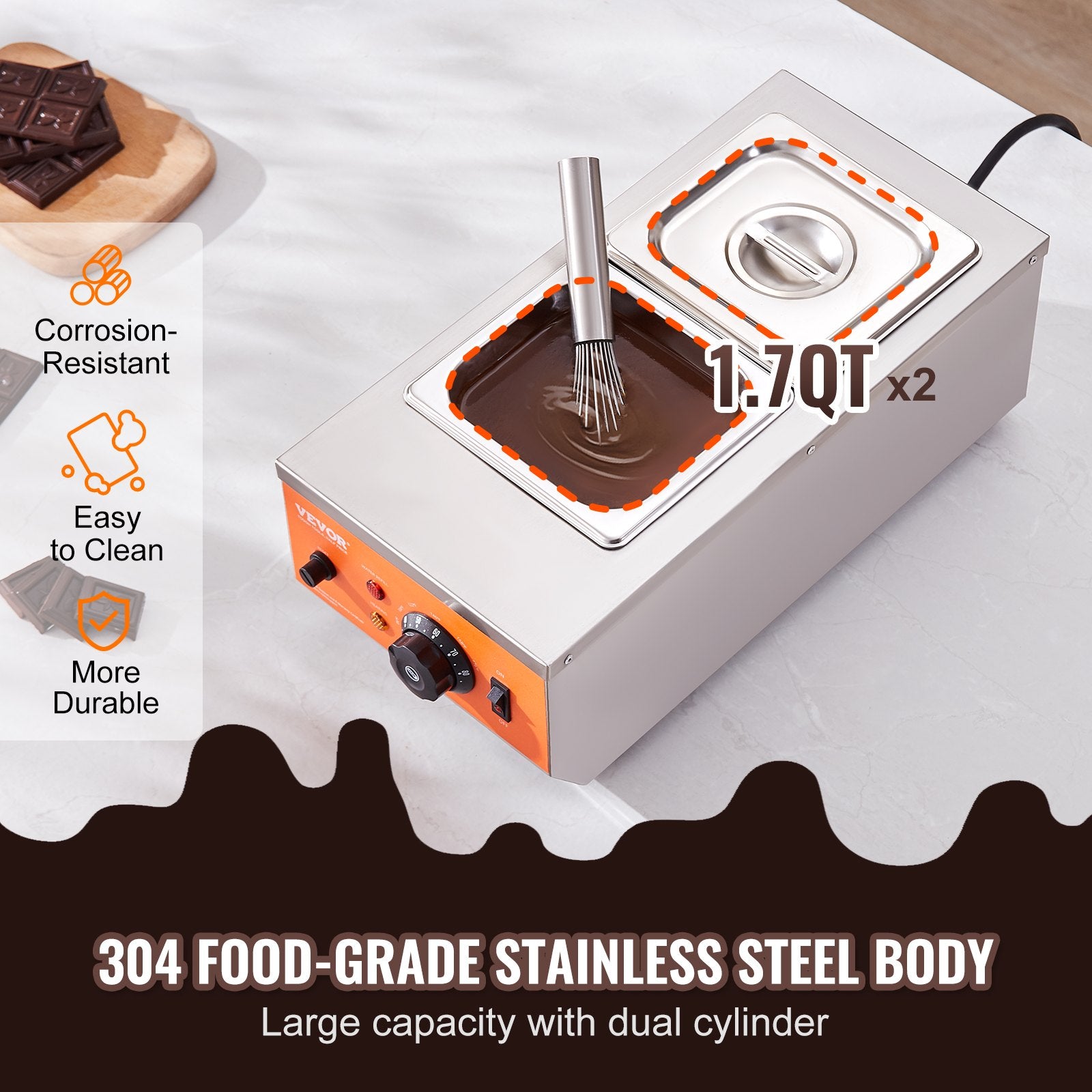 VEVOR Chocolate Tempering Machine, 2 Tanks Chocolate Melting Pot with TEMP Control, 800W Stainless Steel Electric Commercial Food Warmer For Chocolate/Milk/Cream Melting and Heating 5
