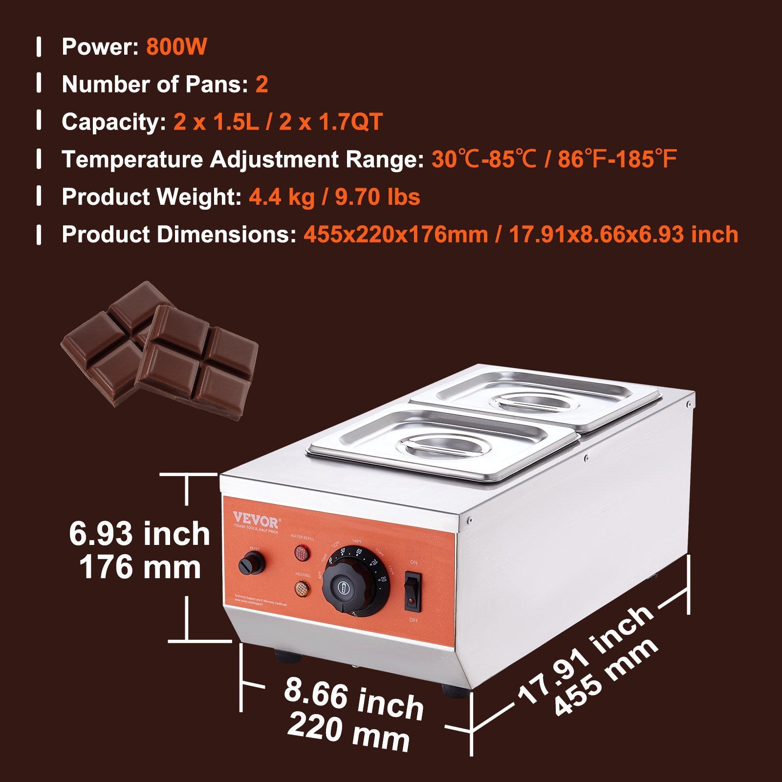 VEVOR Chocolate Tempering Machine, 2 Tanks Chocolate Melting Pot with TEMP Control, 800W Stainless Steel Electric Commercial Food Warmer For Chocolate/Milk/Cream Melting and Heating 7