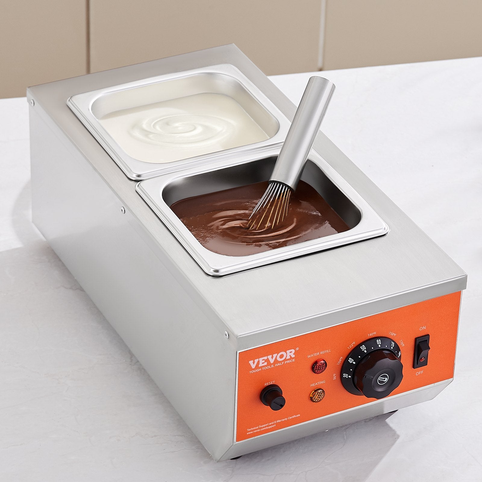 VEVOR Chocolate Tempering Machine, 2 Tanks Chocolate Melting Pot with TEMP Control, 800W Stainless Steel Electric Commercial Food Warmer For Chocolate/Milk/Cream Melting and Heating 8