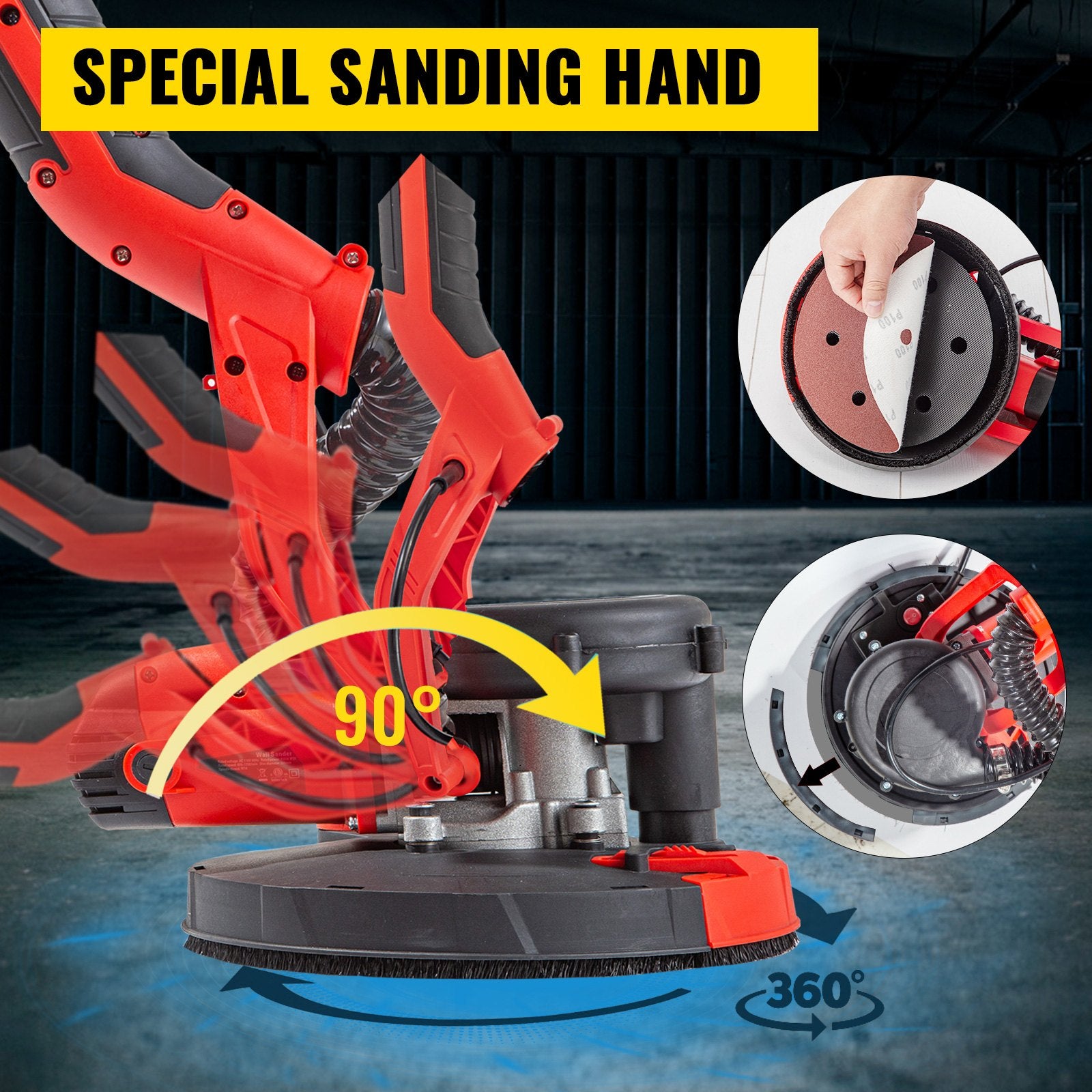 VEVOR Drywall Sander 750W Electric, Electric Sander Variable Speed 800-1750RPM, Drywall Sander Foldable Sheetrock Sander, with Telescope Handle ,Vacuum Bag Drywall Sanders 6 Sand Pads 3