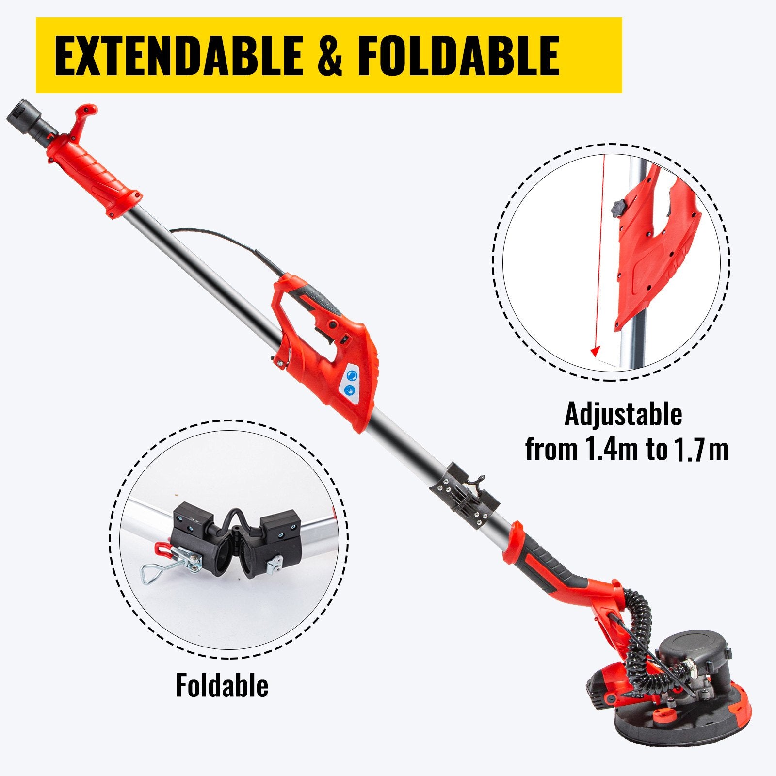 VEVOR Drywall Sander 750W Electric, Electric Sander Variable Speed 800-1750RPM, Drywall Sander Foldable Sheetrock Sander, with Telescope Handle ,Vacuum Bag Drywall Sanders 6 Sand Pads 4