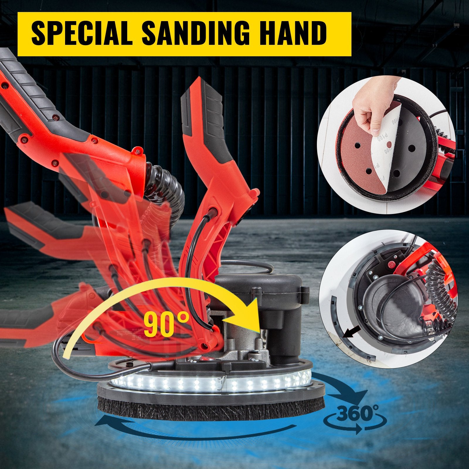 VEVOR Drywall Sander 750W, Electric Drywall Sander, Foldable Sheetrock Sander, with Telescope Handle, Electric Sander, Variable Speed 800-1750 RPM, Wall Sander, with LED Strip Light and Vacuum Bag 3