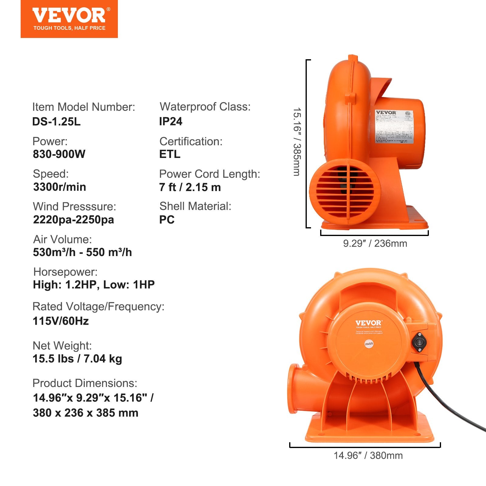 VEVOR Inflatable Bounce House Blower 1 & 1.2 HP 900W Commercial Air Pump Fan 7