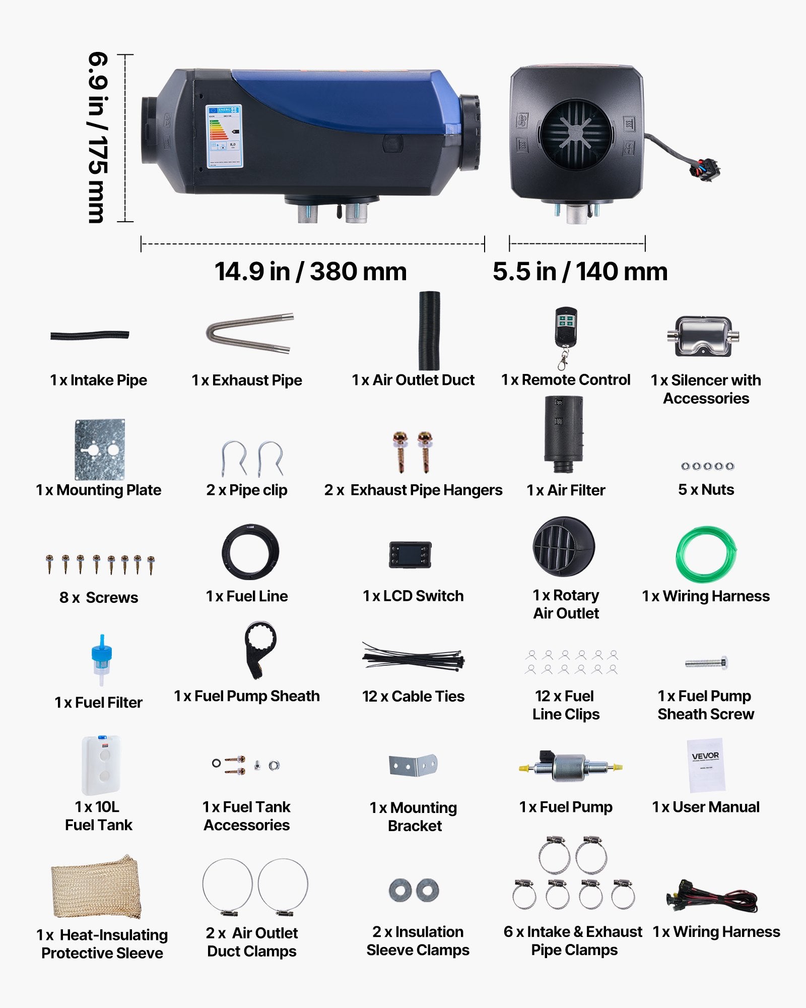 VEVOR Diesel Heater, 8KW, DC 12V/24V, Portable Diesel Air Heater with Remote Control and LCD Screen, Fast Heating Low Noise, 10 L Large Fuel Tank for Vehicles, Vans, RVs, Campers, and Trucks 7