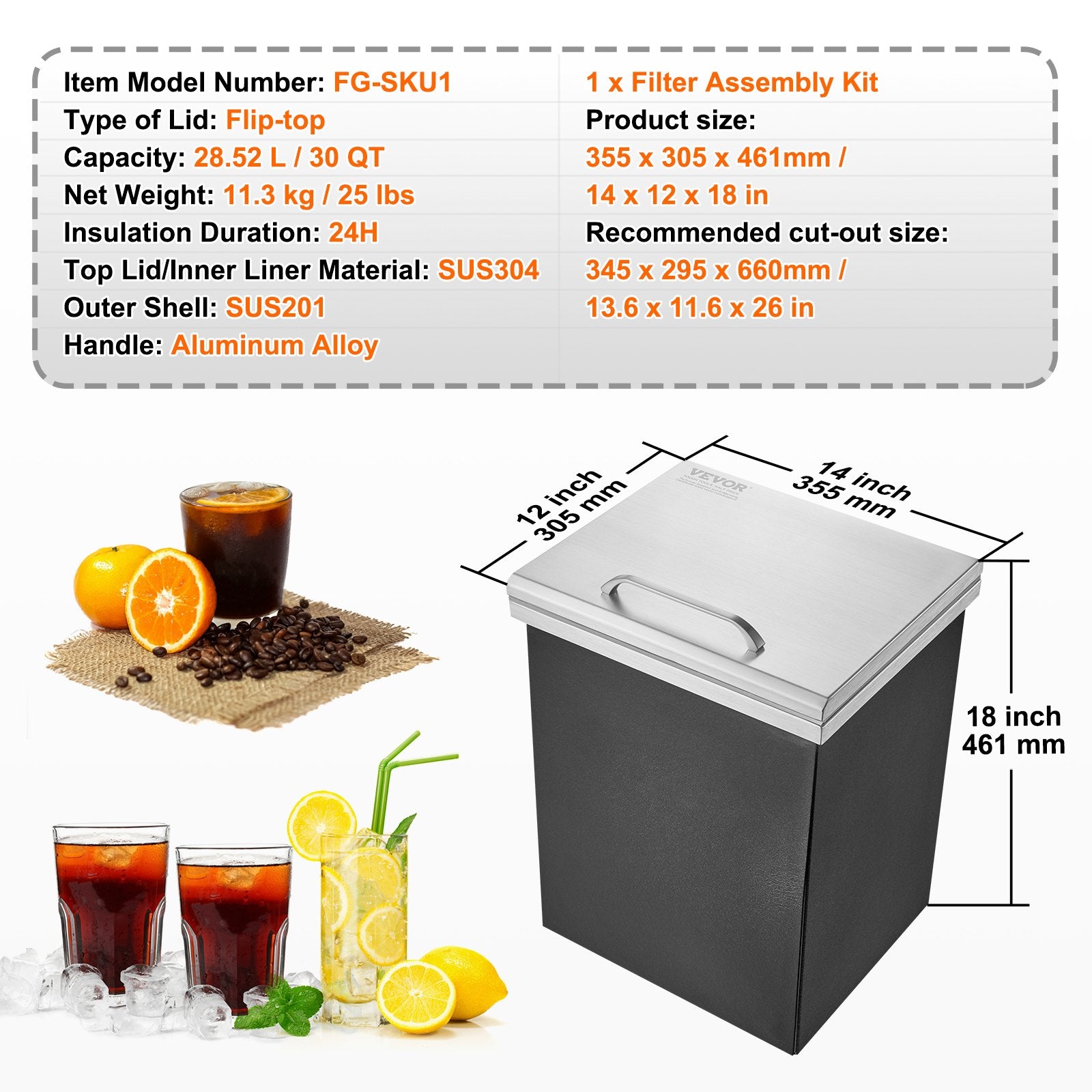 VEVOR Drop in Ice Chest, 14"L x 12"W x 18"H Stainless Steel Ice Cooler, Commercial Ice Bin with Hinged Cover, 40 qt Outdoor Kitchen Ice Bar, Drain-pipe and Drain Plug Included, for Cold Wine Beer 7