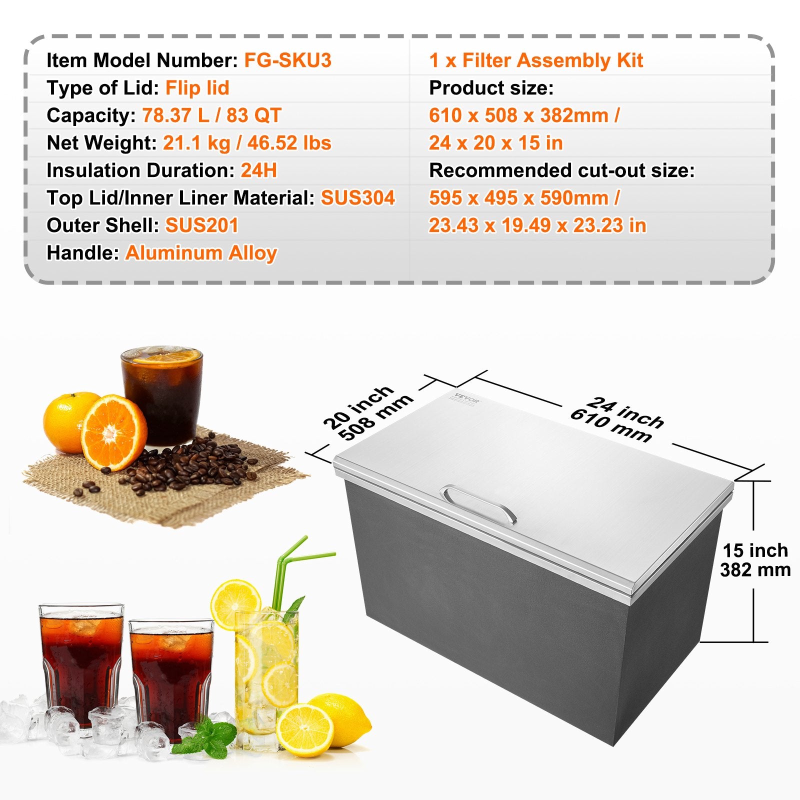 VEVOR Drop in Ice Chest, 24"L x 20"W x 15"H Stainless Steel Ice Cooler, Commercial Ice Bin with Hinged Cover, 40 qt Outdoor Kitchen Ice Bar, Drain-pipe and Drain Plug Included, for Cold Wine Beer 7