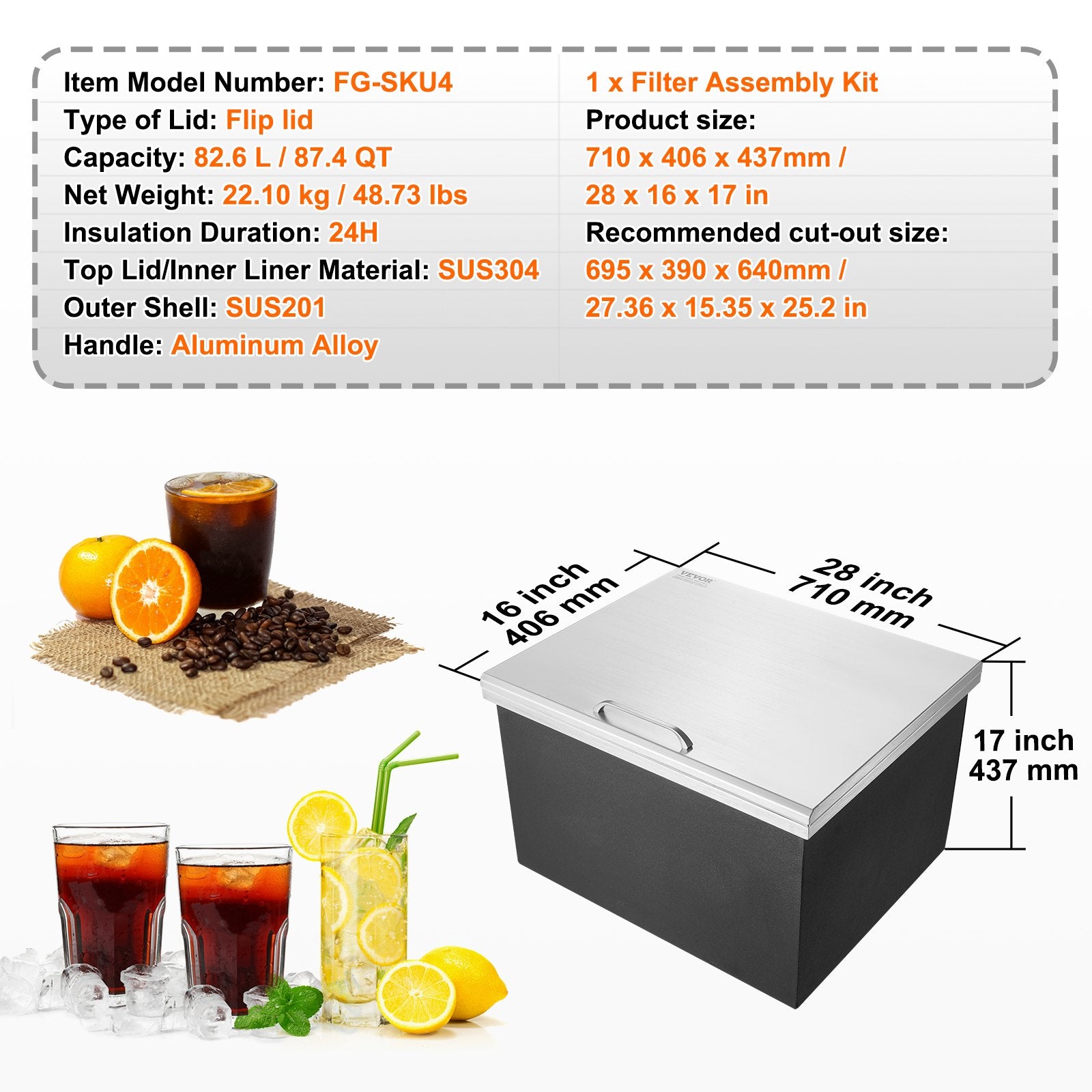 VEVOR Drop in Ice Chest, 28"L x 16"W x 17"H Stainless Steel Ice Cooler, Commercial Ice Bin with Hinged Cover, 40 qt Outdoor Kitchen Ice Bar, Drain-pipe and Drain Plug Included, for Cold Wine Beer 7