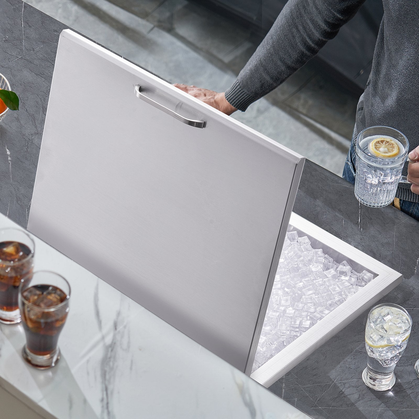 VEVOR Drop in Ice Chest, 28"L x 16"W x 17"H Stainless Steel Ice Cooler, Commercial Ice Bin with Hinged Cover, 40 qt Outdoor Kitchen Ice Bar, Drain-pipe and Drain Plug Included, for Cold Wine Beer 8