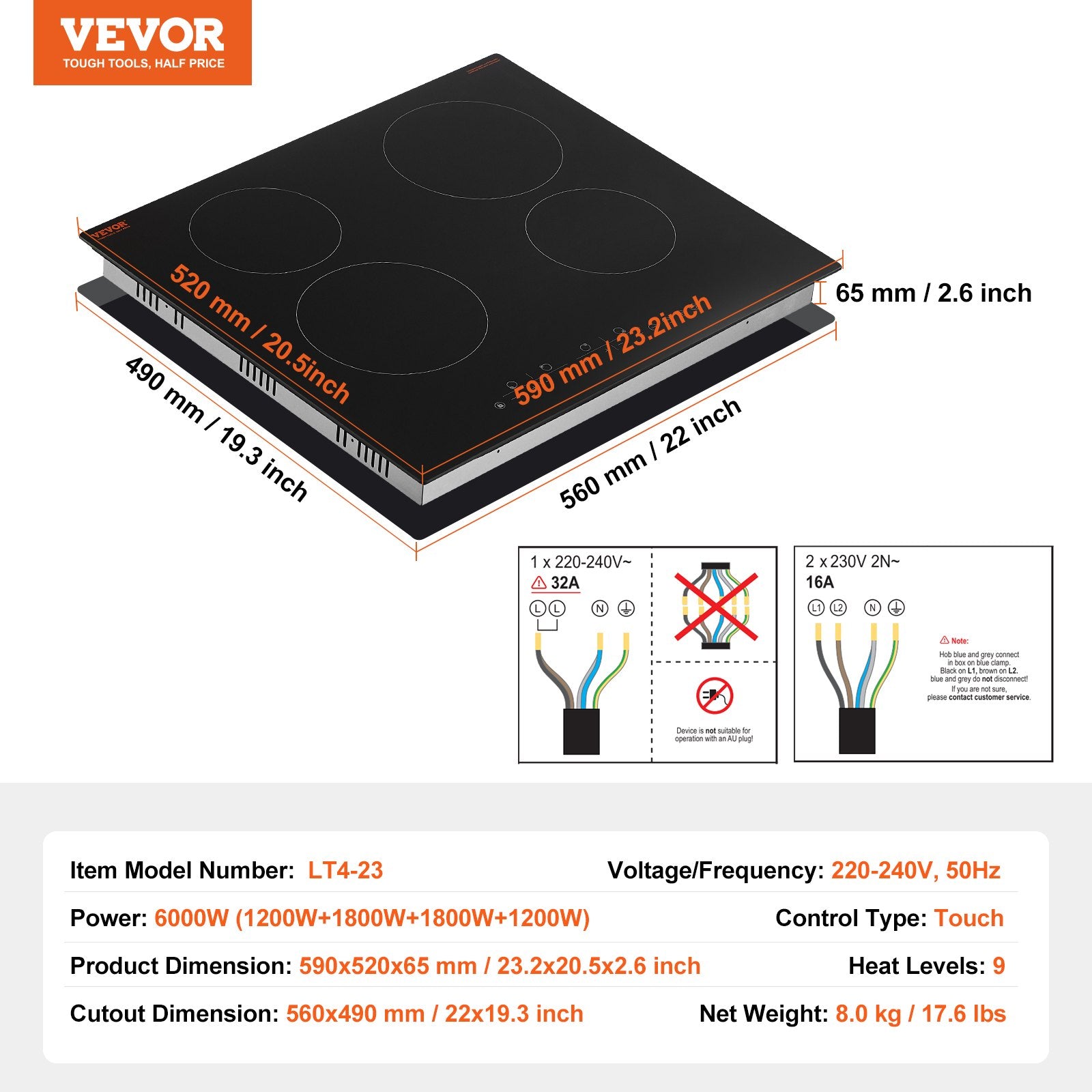 VEVOR Built-in Electric Cooktop Radiant Ceramic Cooktop 4 Burners 23.2x20.5 inch 7