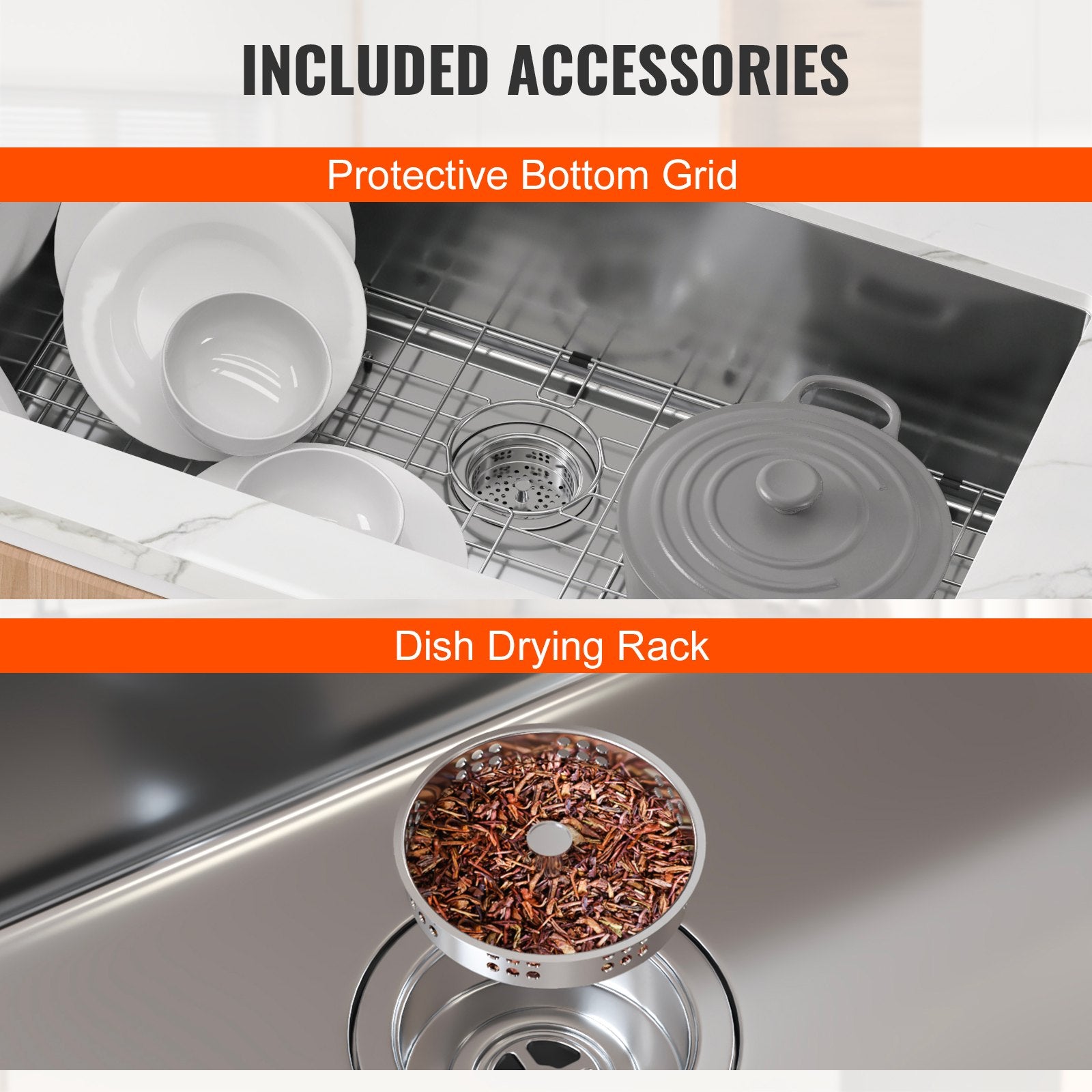 VEVOR Kitchen Sink, 304 Stainless Steel Drop-In Sinks, Undermount Single Bowl Basin with Accessories(Pack of 3), Household Dishwasher Sinks for Workstation, RV, Prep Kitchen, and Bar Sink, 30 inch 6