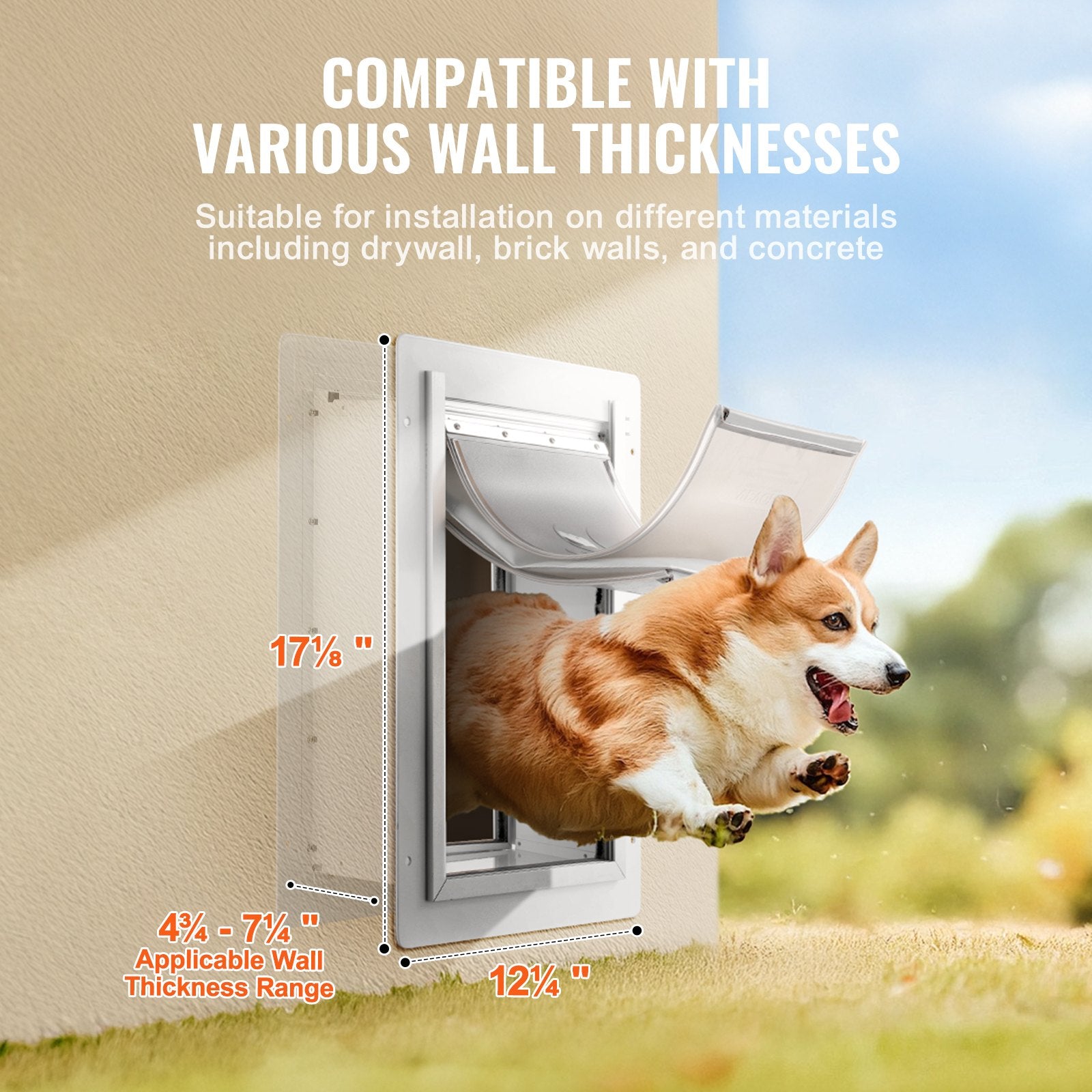 VEVOR Pet Door, 31.2 x 43.5 cm Metal Frame with Lock and 3-Flap System, Weatherproof Doggy Door, Easy to Install in Interior or Exterior Walls, Pet Door Suitable for Cat Doggie Kitties (White-Medium) 4