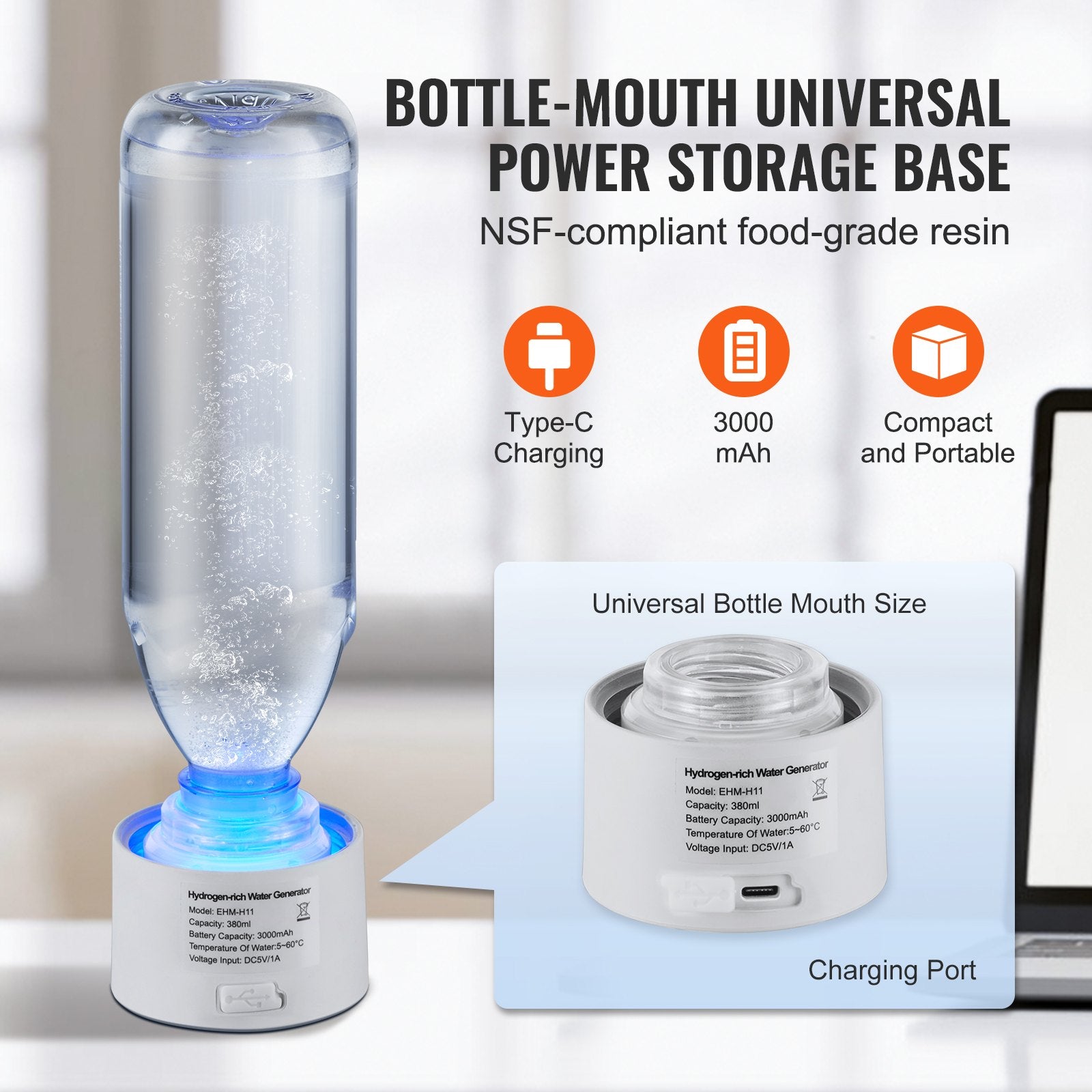 VEVOR Hydrogen Water Bottle Generator, 380 ml / 13.4 oz Capacity Portable Hydrogen Water Maker, SPE Technology Hydrogen Rich Water Ionizer Machine with Nasal Inhalation Tube and Self-Cleaning 3