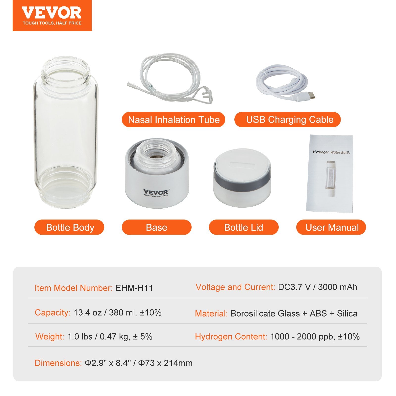 VEVOR Hydrogen Water Bottle Generator, 380 ml / 13.4 oz Capacity Portable Hydrogen Water Maker, SPE Technology Hydrogen Rich Water Ionizer Machine with Nasal Inhalation Tube and Self-Cleaning 7