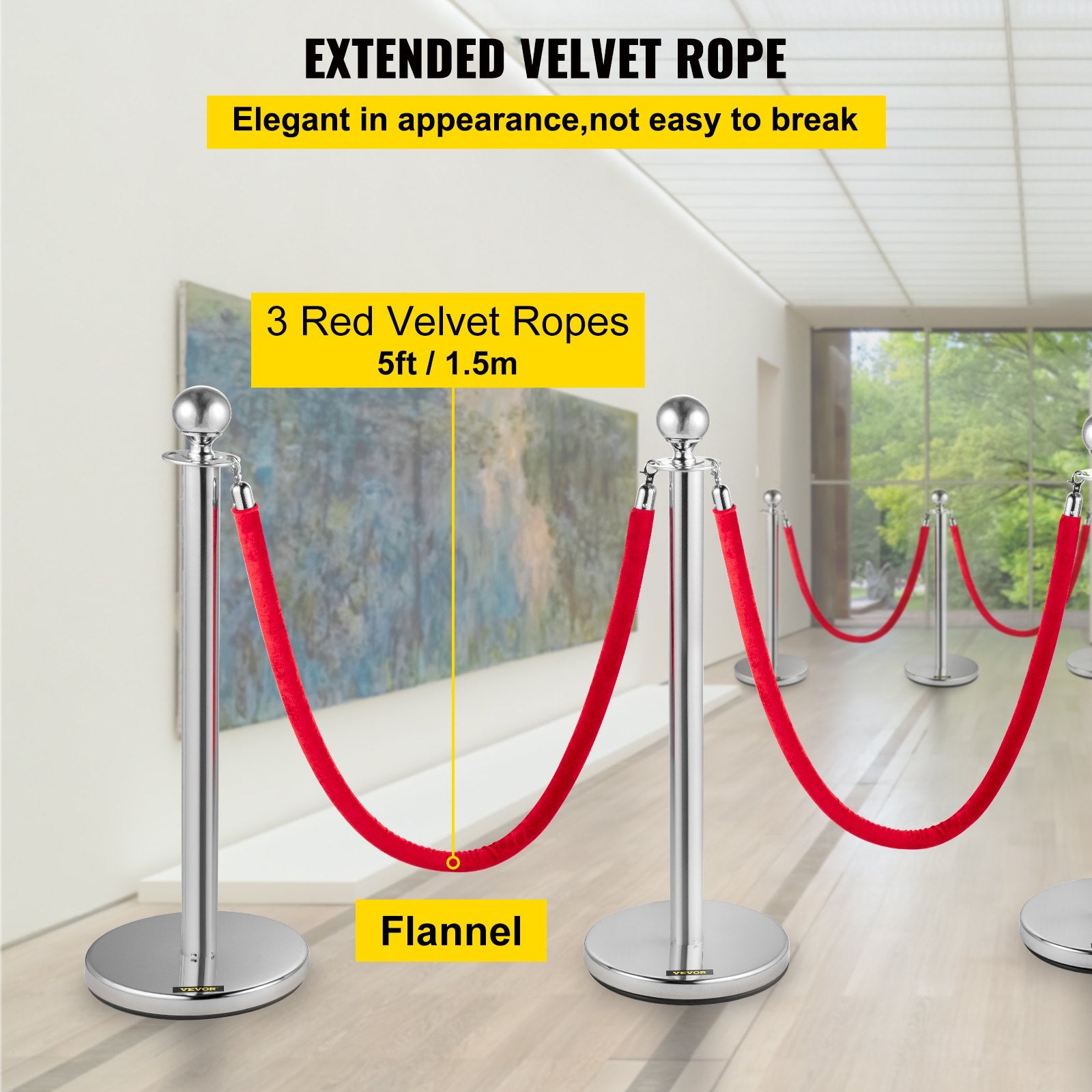 VEVOR 6PCS Red Rope Stanchion Silver Post Crowd Control Queue Line Barrier 4
