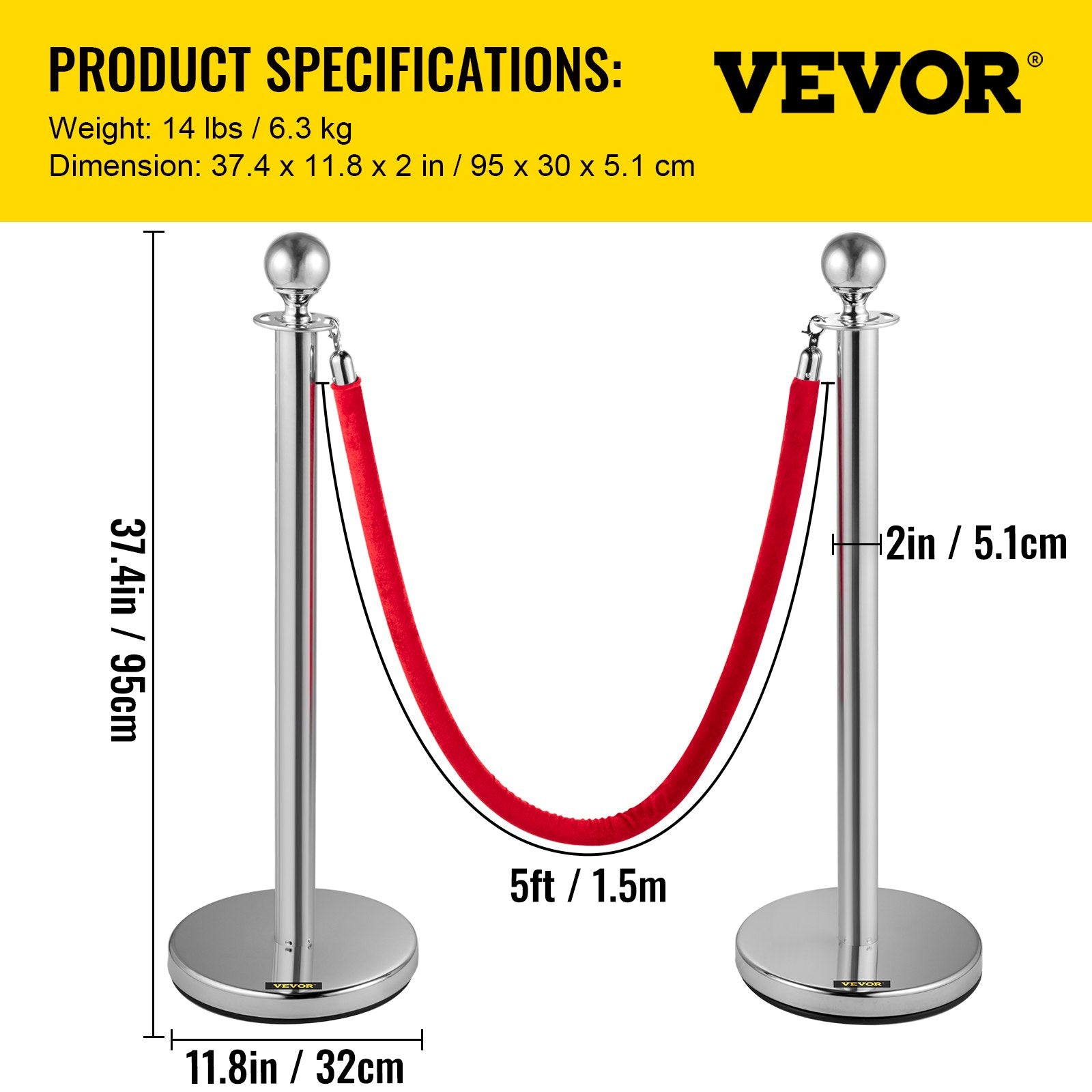 VEVOR 6PCS Red Rope Stanchion Silver Post Crowd Control Queue Line Barrier 7