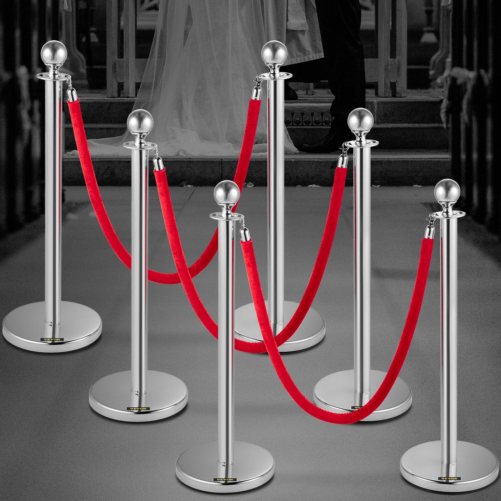 VEVOR 6PCS Red Rope Stanchion Silver Post Crowd Control Queue Line Barrier 8