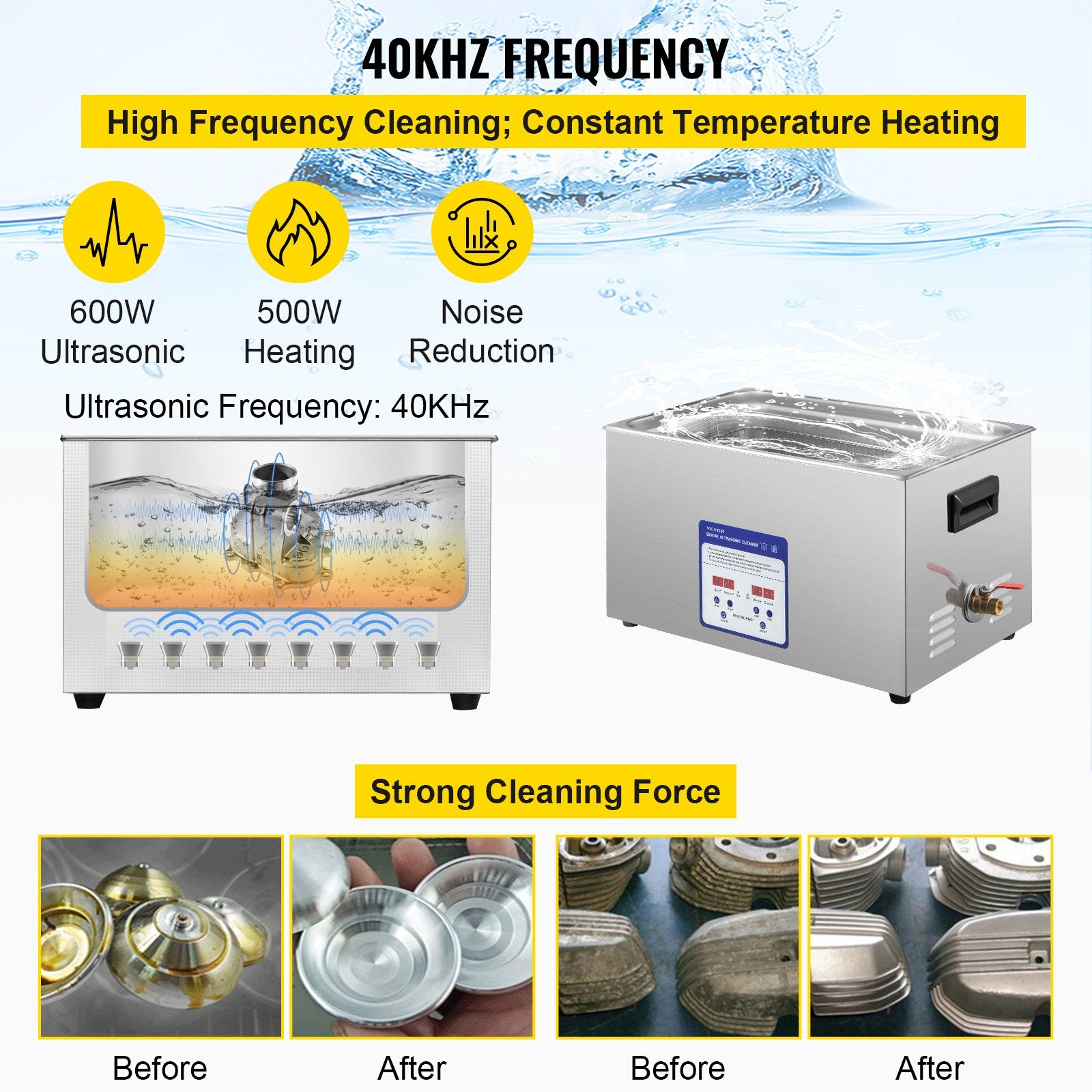VEVOR Digital Ultrasonic Cleaner 30L Ultrasonic Cleaning Machine 40kHz Sonic Cleaner Machine 316 & 304 Stainless Steel Ultrasonic Cleaner Machine with Heater & Timer for Cleaning Jewelry Glasses Watch 3