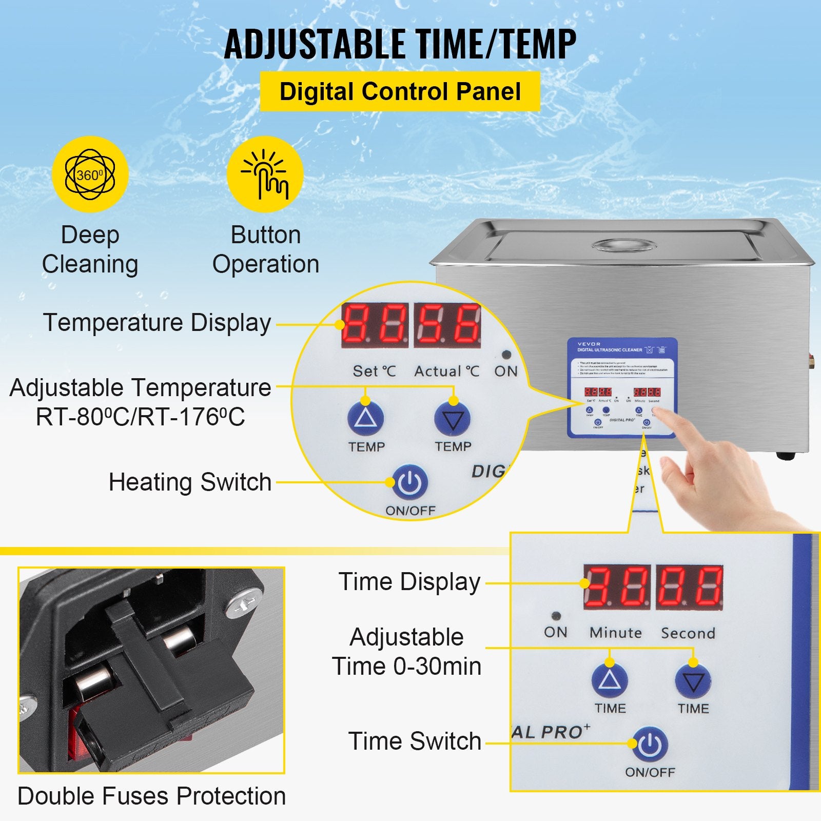 VEVOR Digital Ultrasonic Cleaner 30L Ultrasonic Cleaning Machine 40kHz Sonic Cleaner Machine 316 & 304 Stainless Steel Ultrasonic Cleaner Machine with Heater & Timer for Cleaning Jewelry Glasses Watch 4
