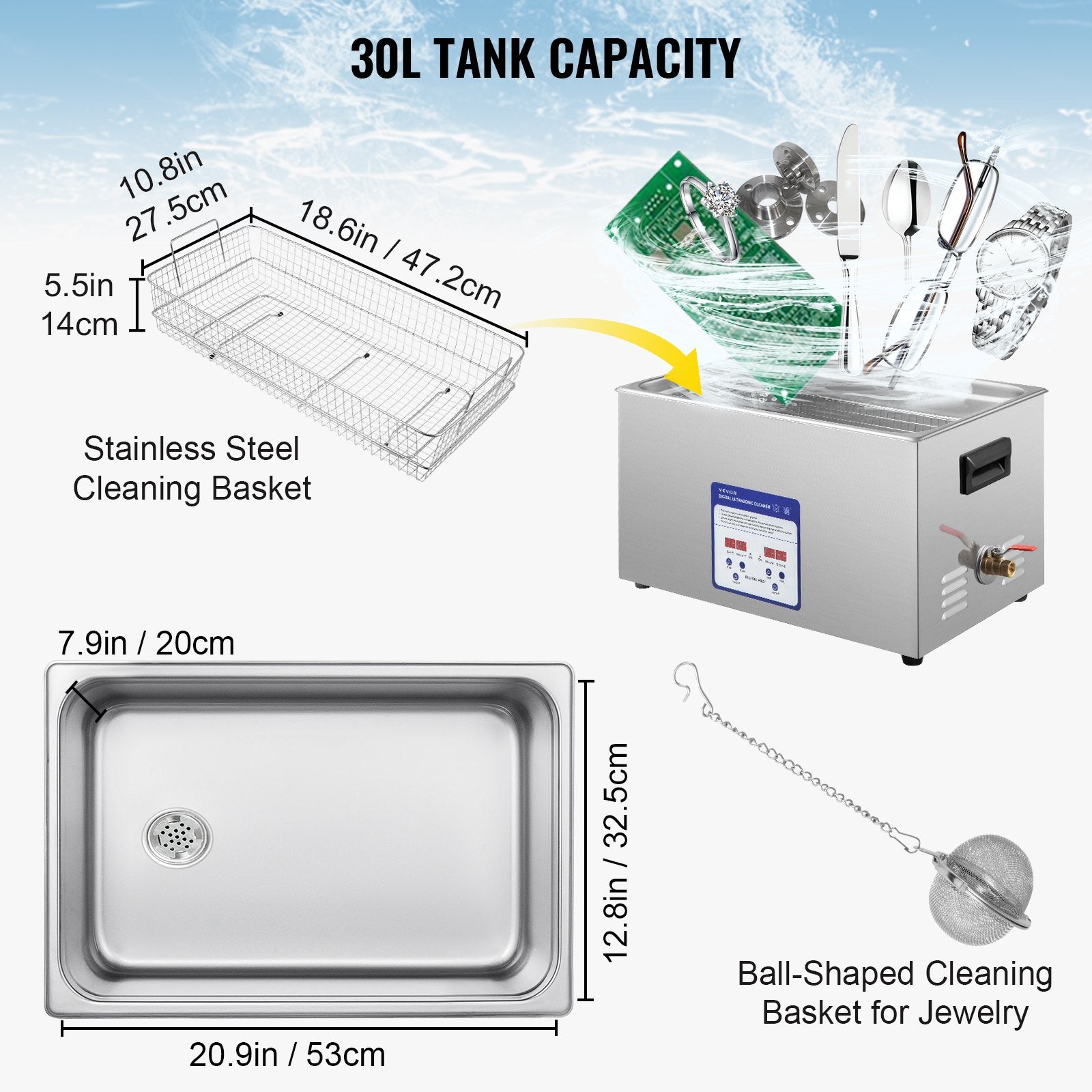 VEVOR Digital Ultrasonic Cleaner 30L Ultrasonic Cleaning Machine 40kHz Sonic Cleaner Machine 316 & 304 Stainless Steel Ultrasonic Cleaner Machine with Heater & Timer for Cleaning Jewelry Glasses Watch 5