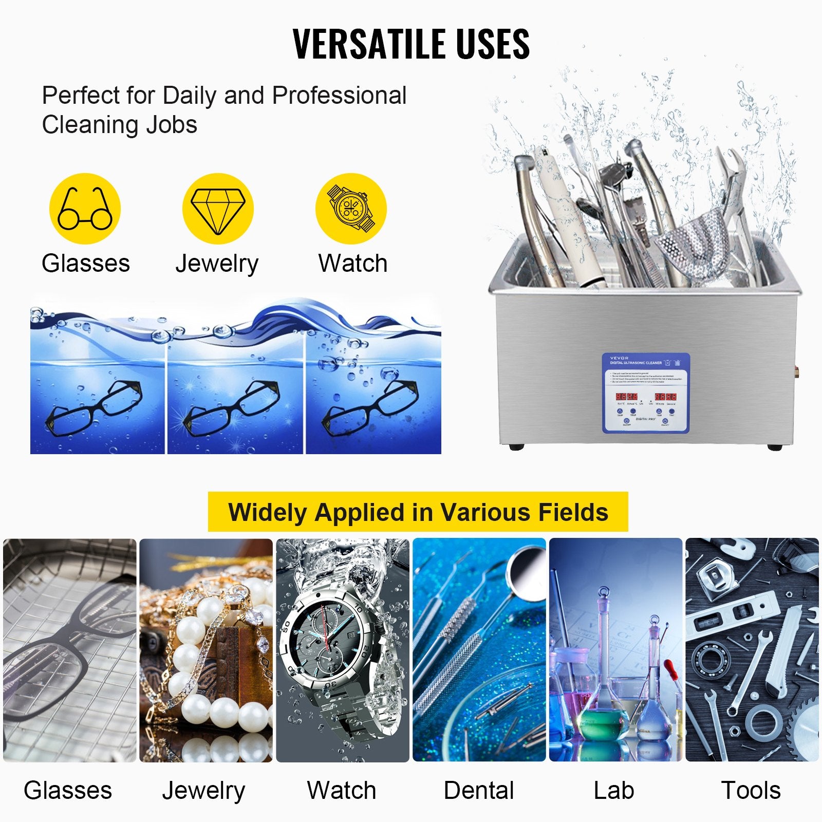 VEVOR Digital Ultrasonic Cleaner 30L Ultrasonic Cleaning Machine 40kHz Sonic Cleaner Machine 316 & 304 Stainless Steel Ultrasonic Cleaner Machine with Heater & Timer for Cleaning Jewelry Glasses Watch 6