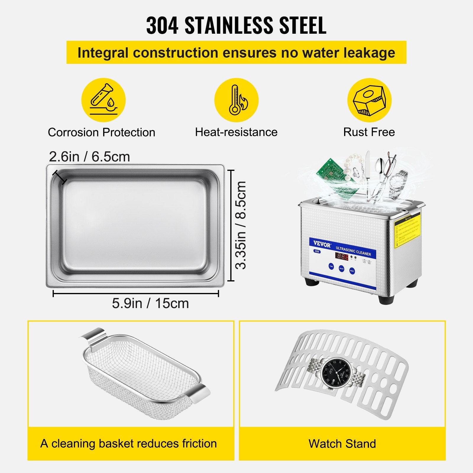 VEVOR 0.8L Professional Ultrasonic Cleaner 304 Stainless Steel Digital Lab Ultrasonic Cleaner with Timer for Jewelry Watch Glasses Circuit Board Dentures Small Parts Dental Instrument (0.8L) 5