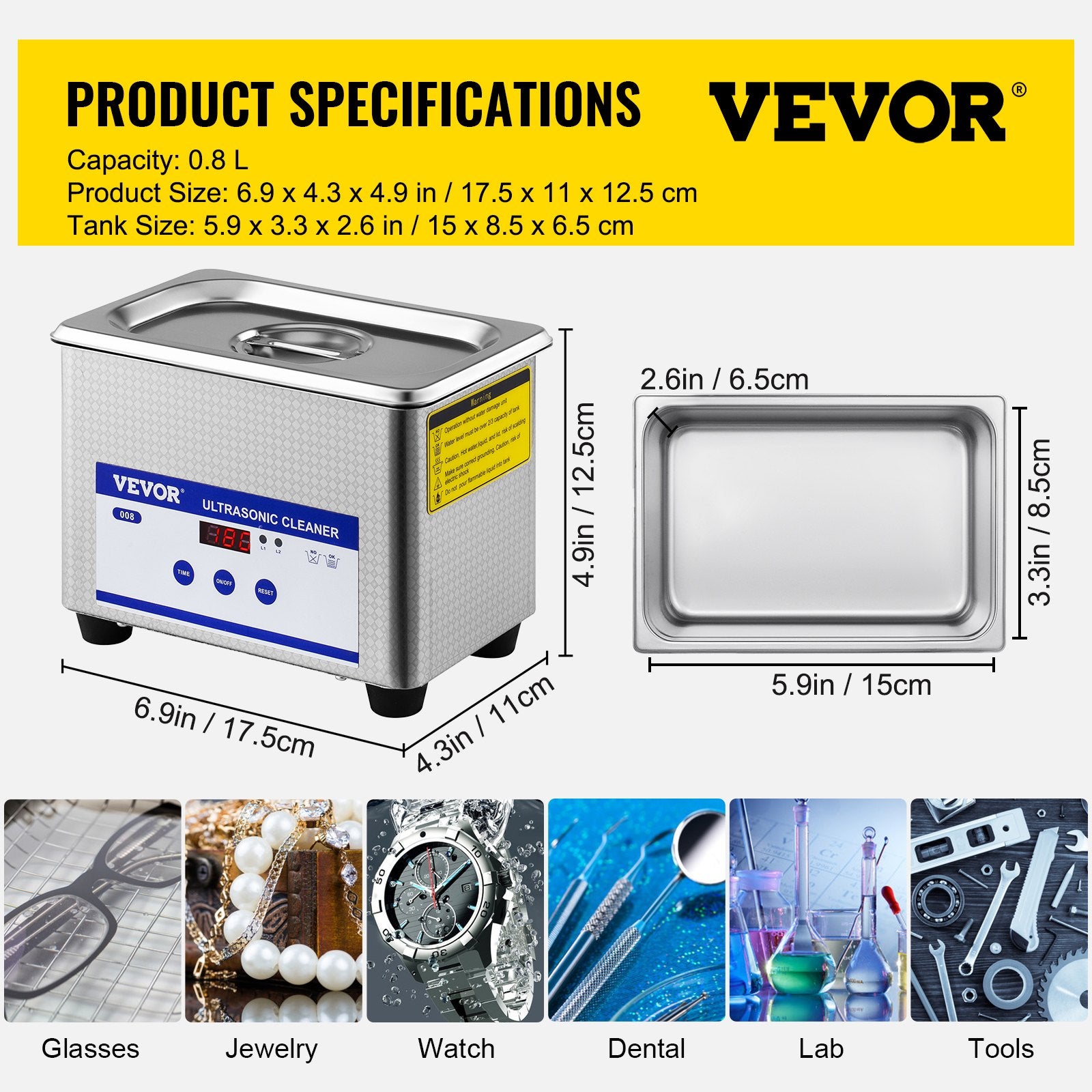 VEVOR 0.8L Professional Ultrasonic Cleaner 304 Stainless Steel Digital Lab Ultrasonic Cleaner with Timer for Jewelry Watch Glasses Circuit Board Dentures Small Parts Dental Instrument (0.8L) 7