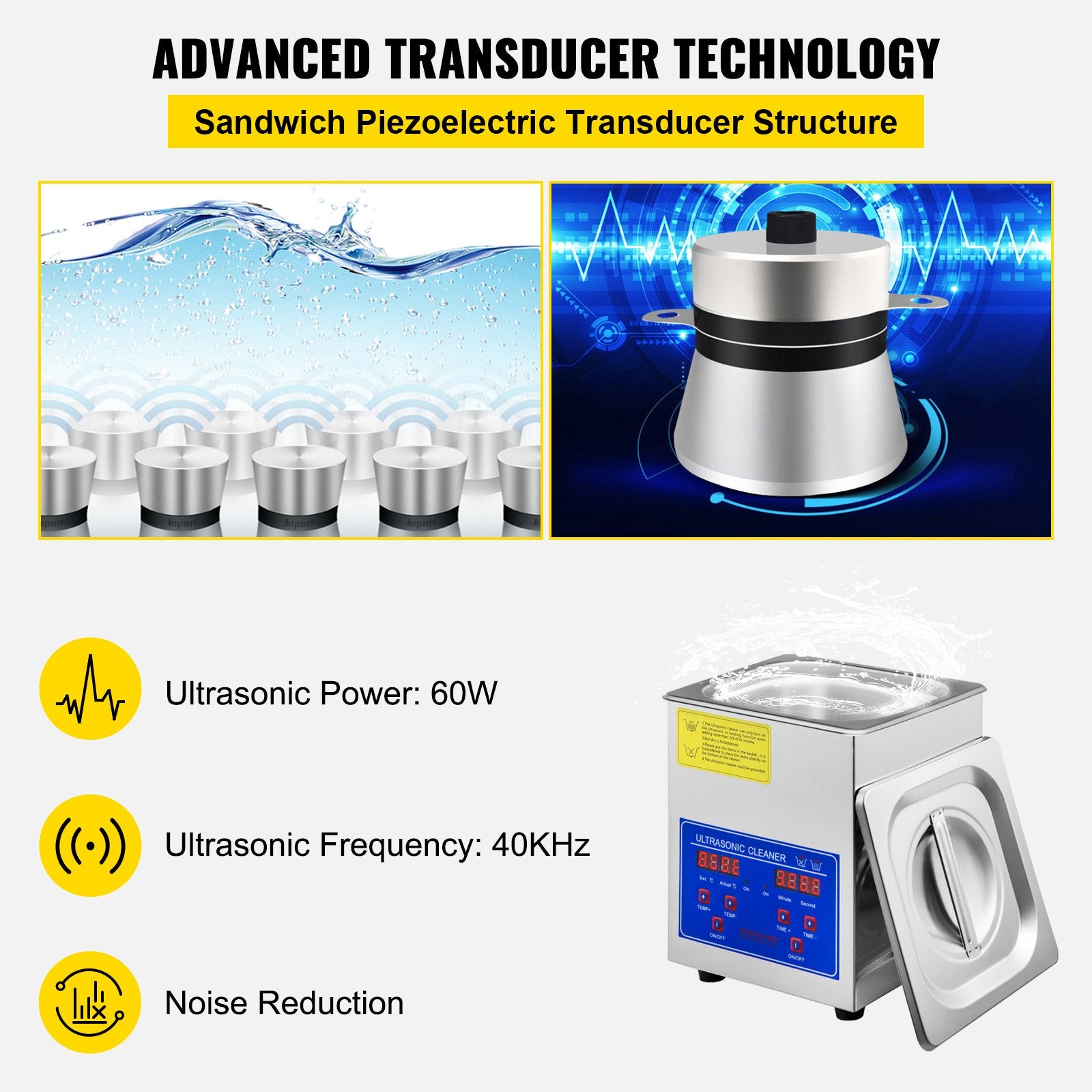 Vevor Ultrasonic Cleaner 1.3 L Ultrasonic Parts Cleaner with Heater Timer, 3