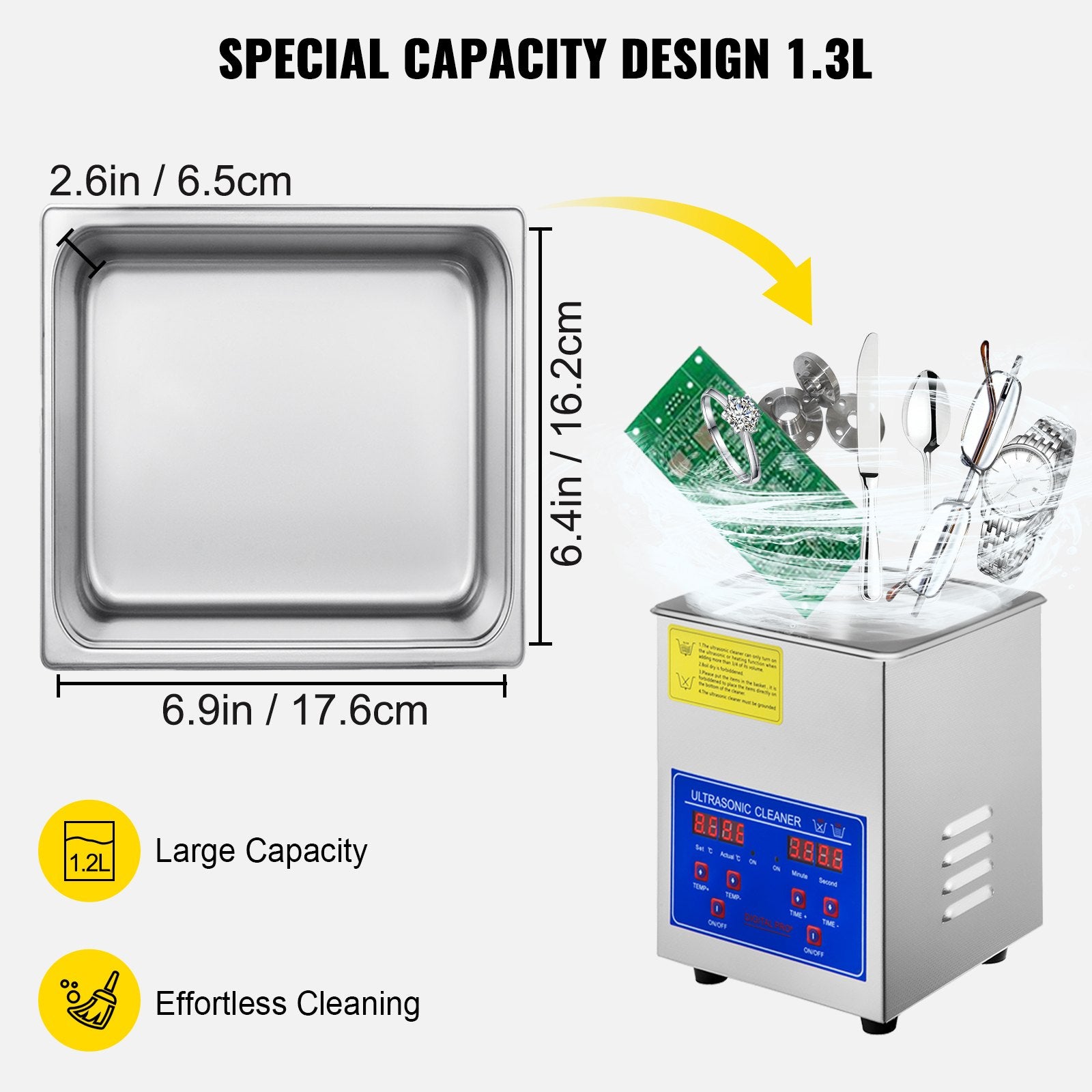 Vevor Ultrasonic Cleaner 1.3 L Ultrasonic Parts Cleaner with Heater Timer, 6