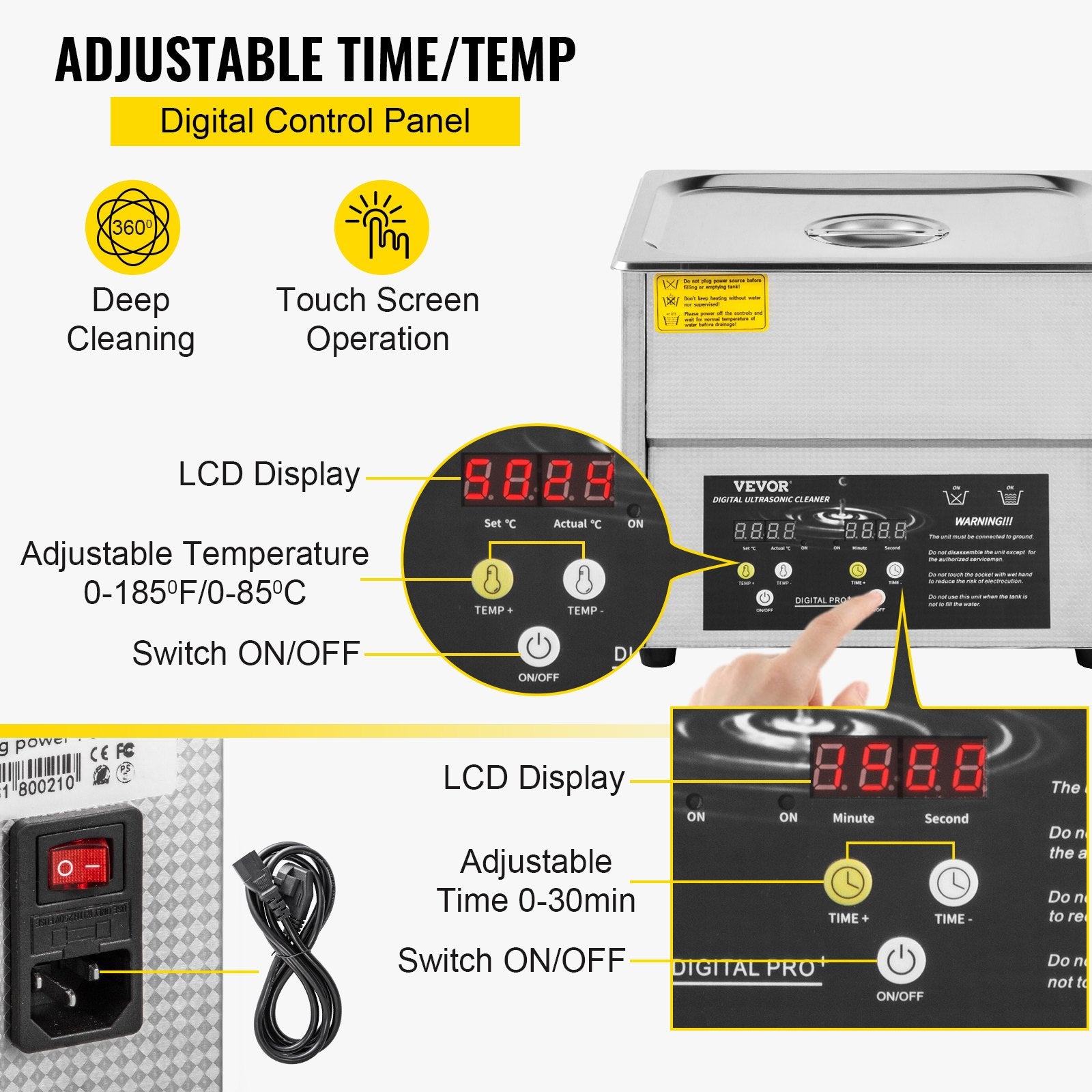 VEVOR Digital Ultrasonic Cleaner 3L Ultrasonic Cleaning Machine 220V 50kHz Sonic Cleaner Machine 304 Stainless Steel Ultrasonic Cleaner Machine with Heater and Timer for Cleaning Jewelry Glasses Watch 4