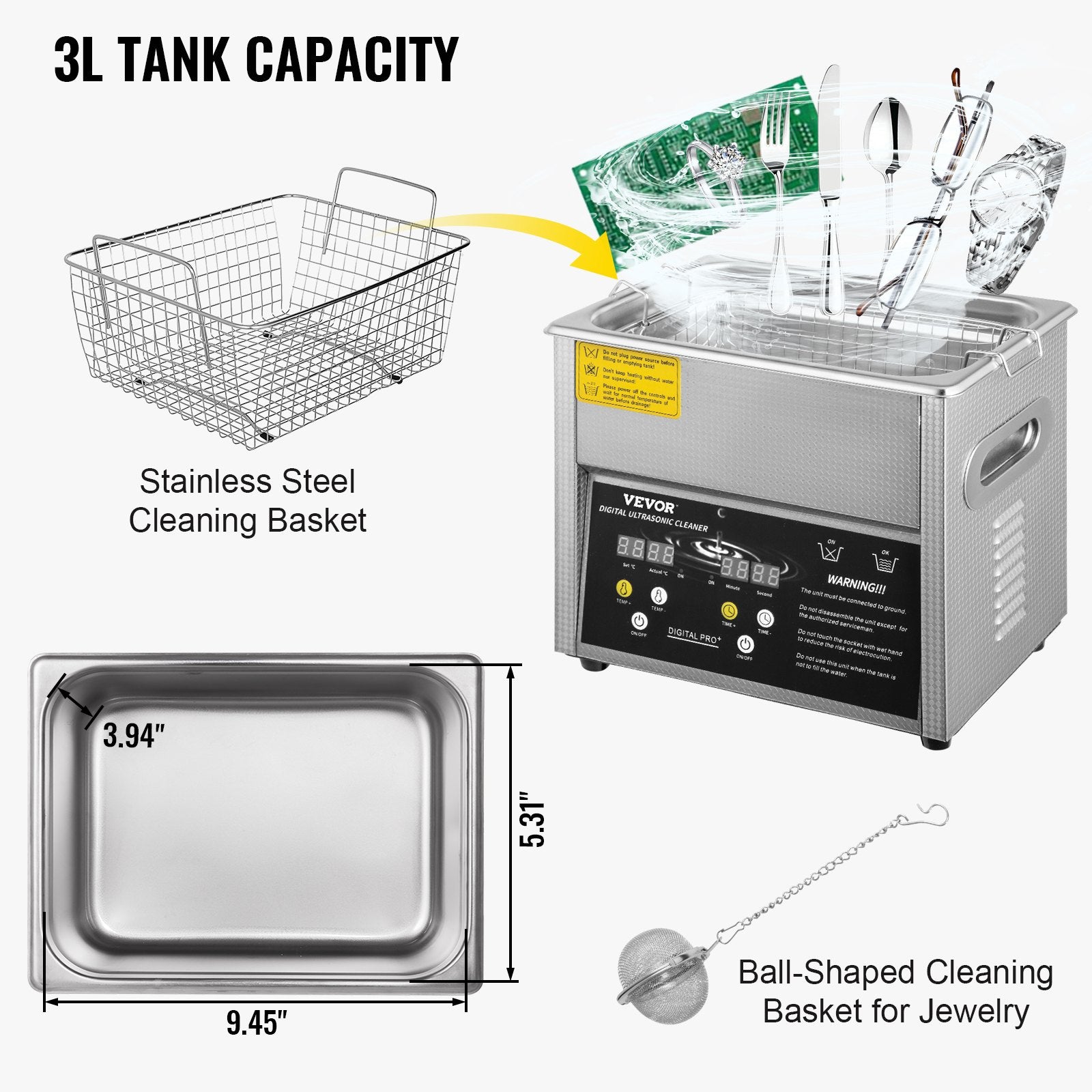 VEVOR Digital Ultrasonic Cleaner 3L Ultrasonic Cleaning Machine 220V 50kHz Sonic Cleaner Machine 304 Stainless Steel Ultrasonic Cleaner Machine with Heater and Timer for Cleaning Jewelry Glasses Watch 5