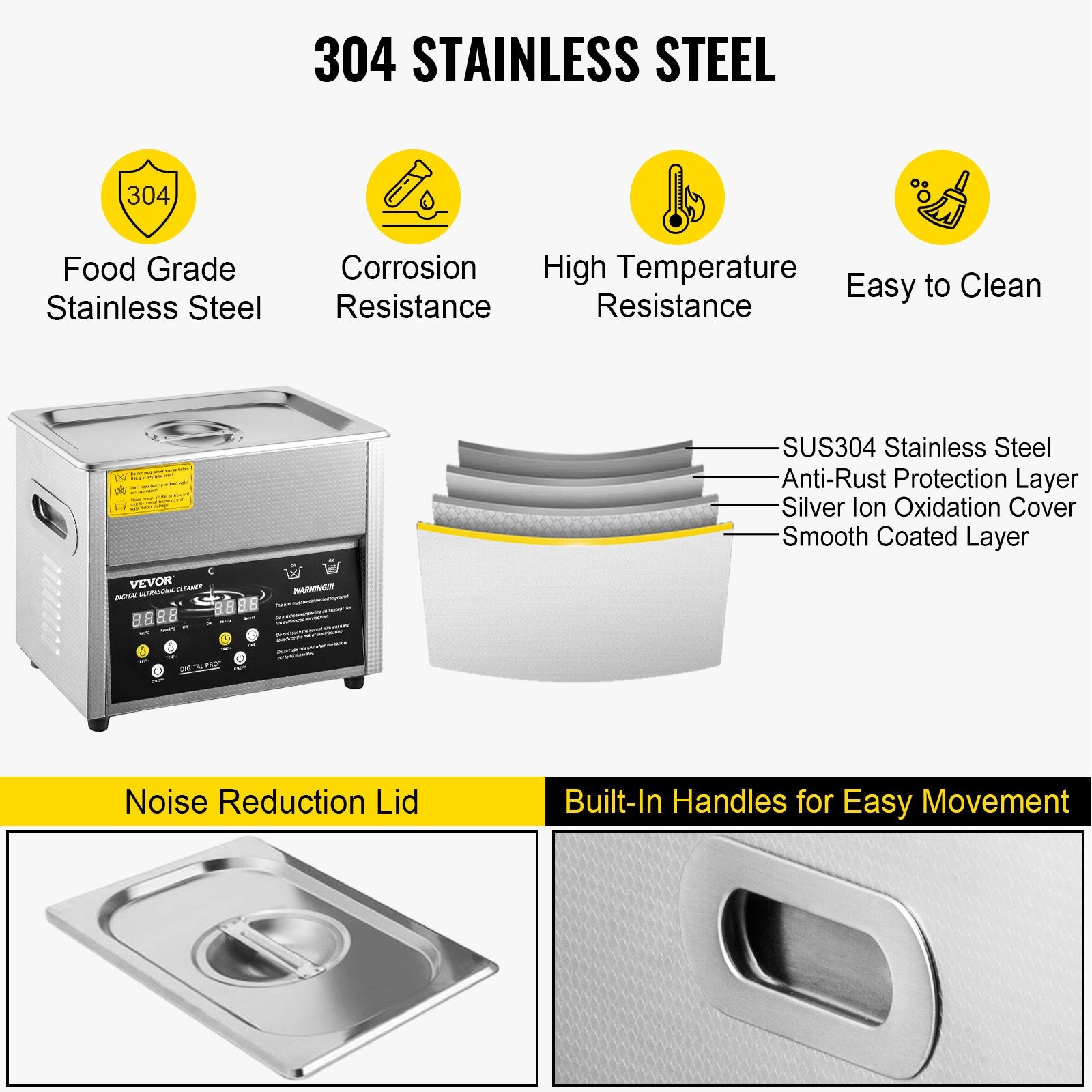 VEVOR Digital Ultrasonic Cleaner 3L Ultrasonic Cleaning Machine 220V 50kHz Sonic Cleaner Machine 304 Stainless Steel Ultrasonic Cleaner Machine with Heater and Timer for Cleaning Jewelry Glasses Watch 6