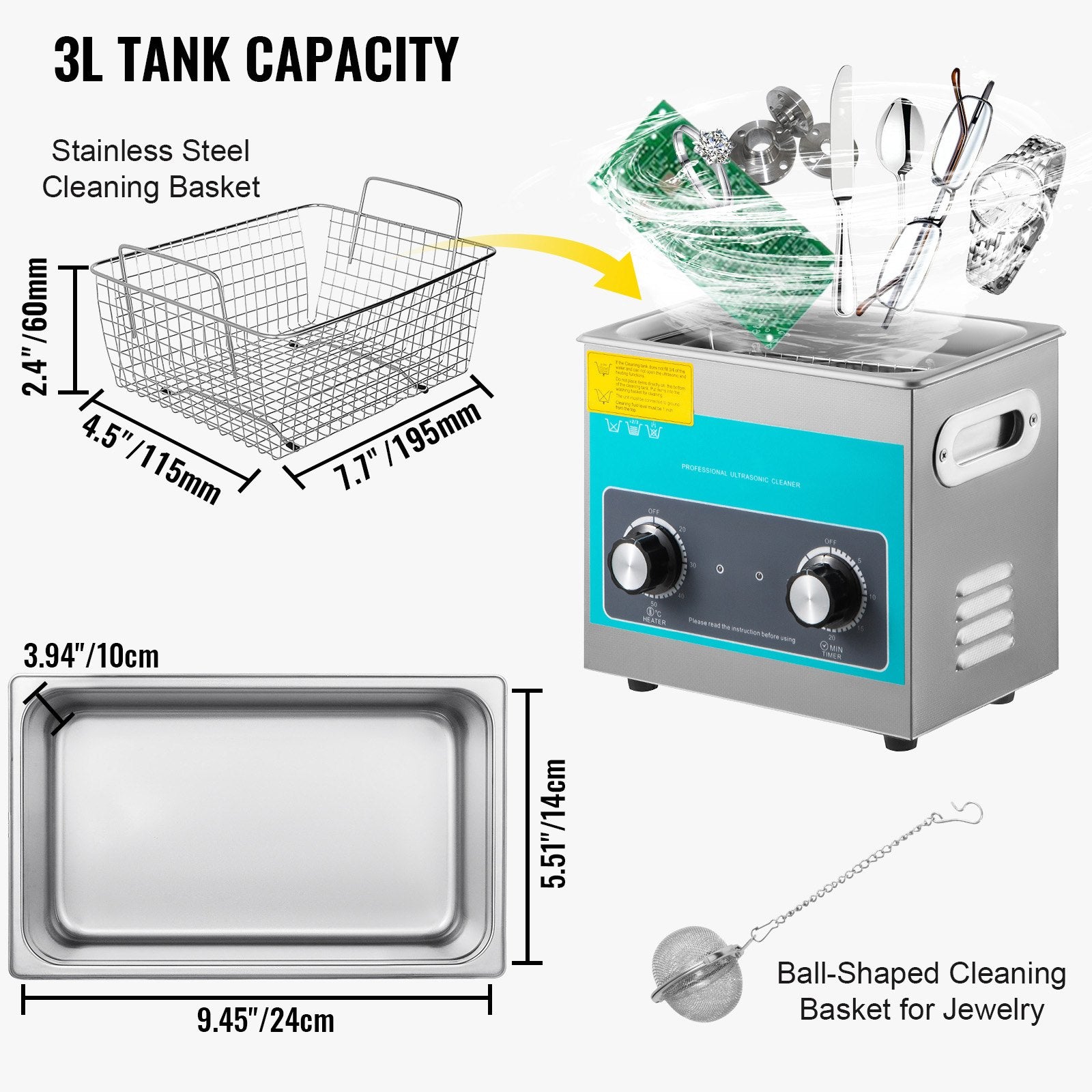 VEVOR Knob Ultrasonic Cleaner 3L 40kHz Ultrasonic Cleaning Machine Knob Control Sonic Cleaner 304 Stainless Steel Ultrasonic Cleaner Machine with Heater & Timer for Cleaning Jewelry Eyeglasses Watches 4