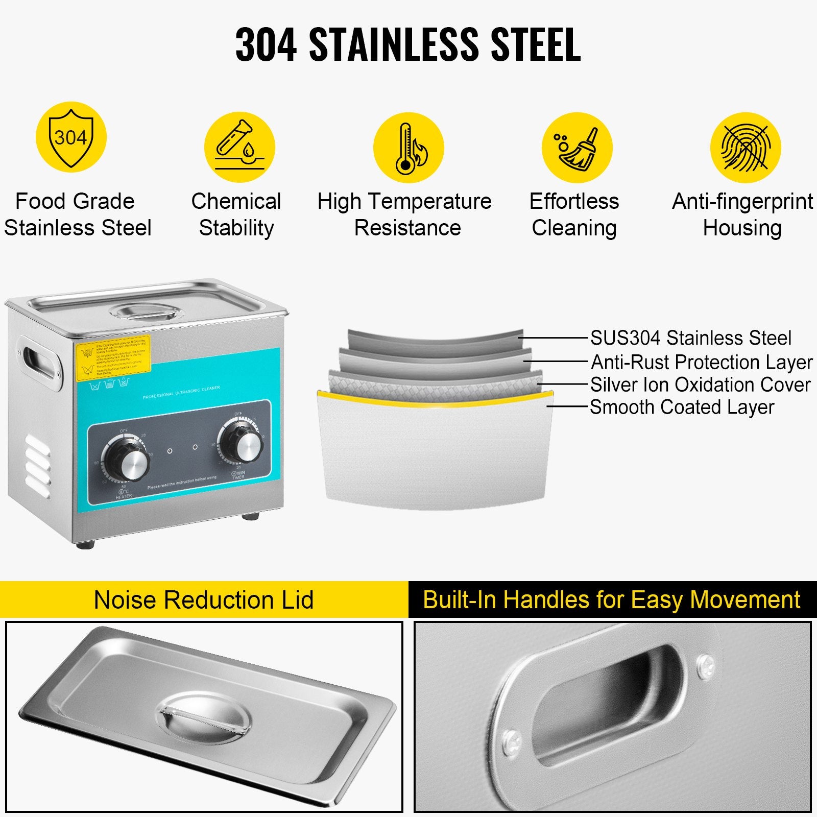 VEVOR Knob Ultrasonic Cleaner 3L 40kHz Ultrasonic Cleaning Machine Knob Control Sonic Cleaner 304 Stainless Steel Ultrasonic Cleaner Machine with Heater & Timer for Cleaning Jewelry Eyeglasses Watches 5