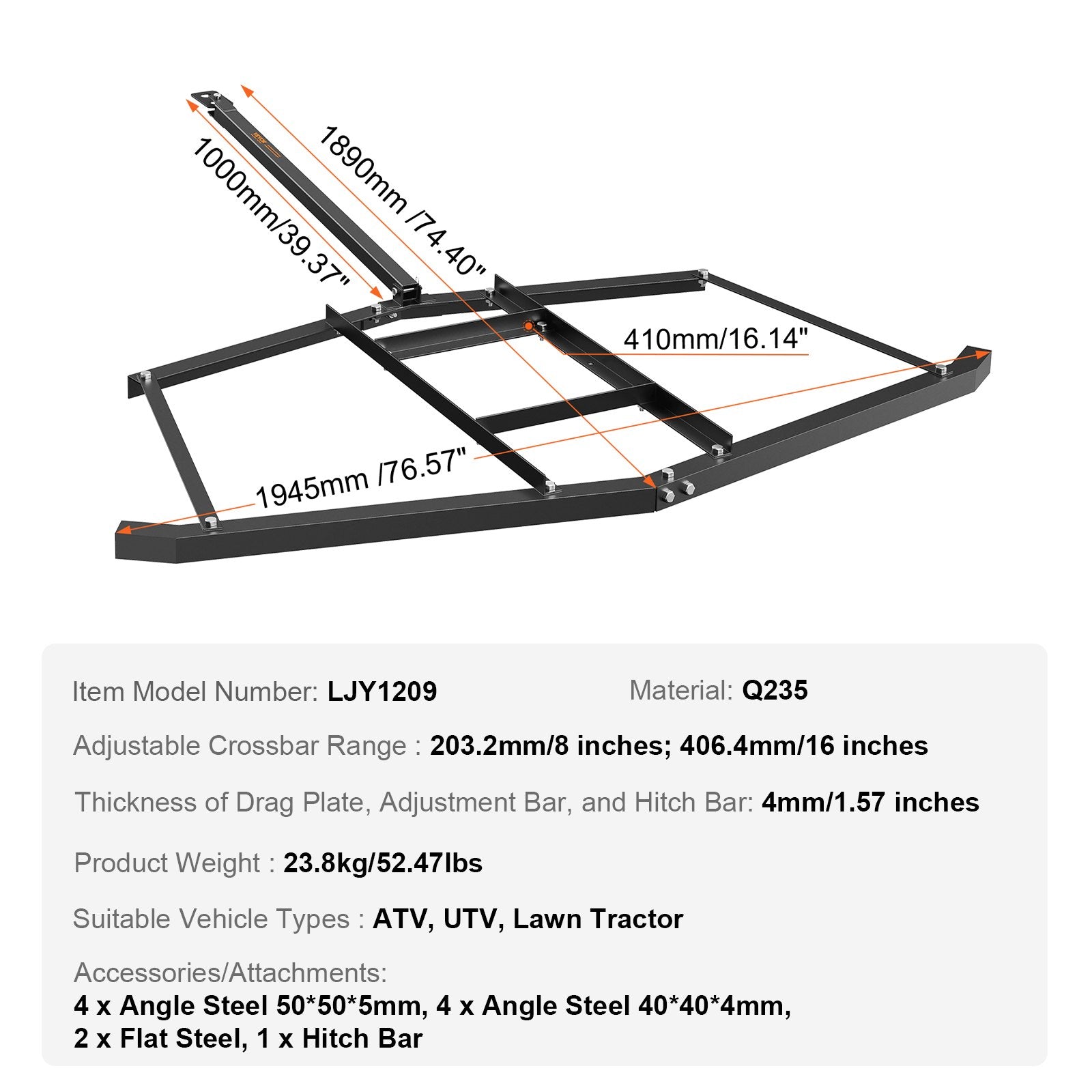 VEVOR Driveway Drag, 76.57" Width Tow Behind Drag Harrow, Q235 Steel Driveway Grader with Adjustable Bars, Support up to 50 lbs, Driveway Tractor Harrow for ATVs, UTVs, Garden Lawn Tractors 7