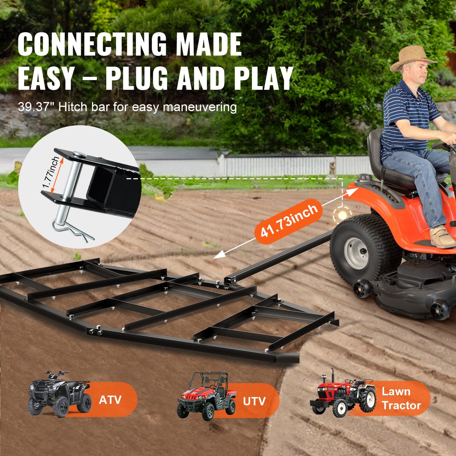 VEVOR Driveway Drag, 84" Width Tow Behind Drag Harrow, Q235 Steel Driveway Grader with Adjustable Bars, Support up to 50 lbs, Driveway Tractor Harrow for ATVs, UTVs, Garden Lawn Tractors 3