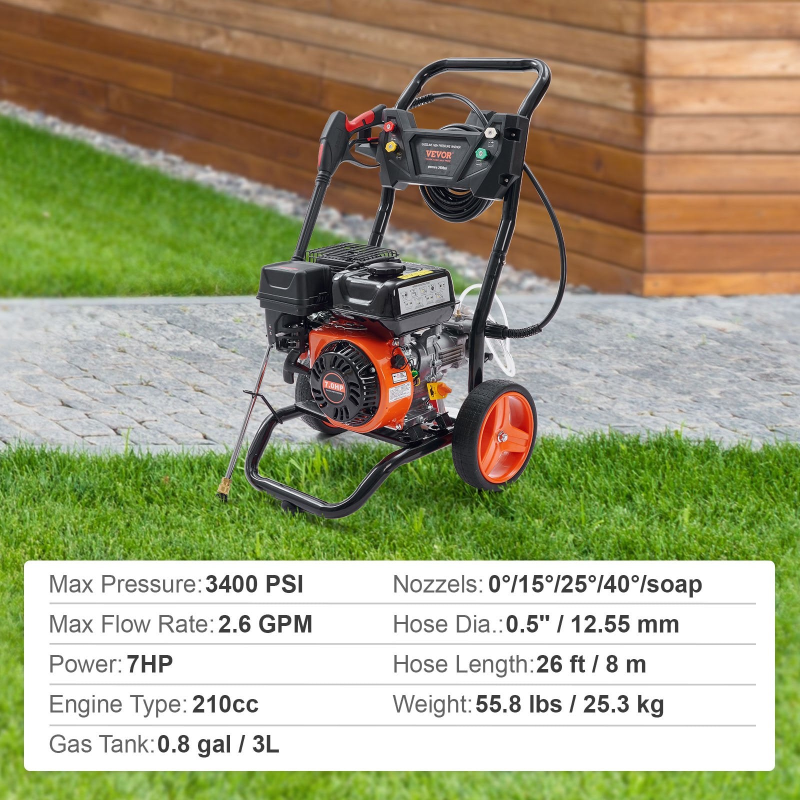 VEVOR Gas Pressure Washer Gas Powered Washer 3400 PSI 2.6 GPM 210cc 5 Nozzles 7
