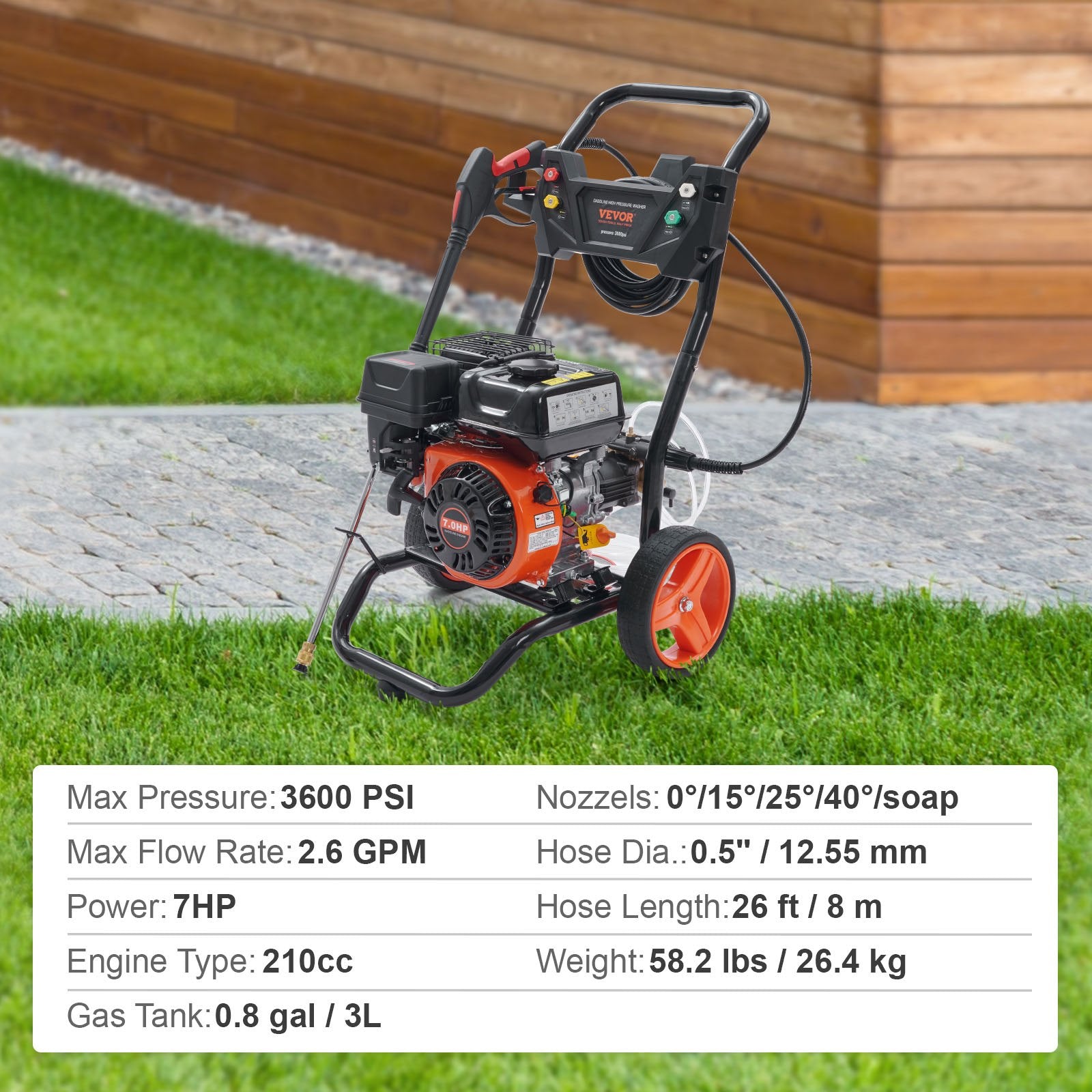 VEVOR Gas Pressure Washer Gas Powered Washer 3600 PSI 2.6 GPM 210cc 5 Nozzles 7