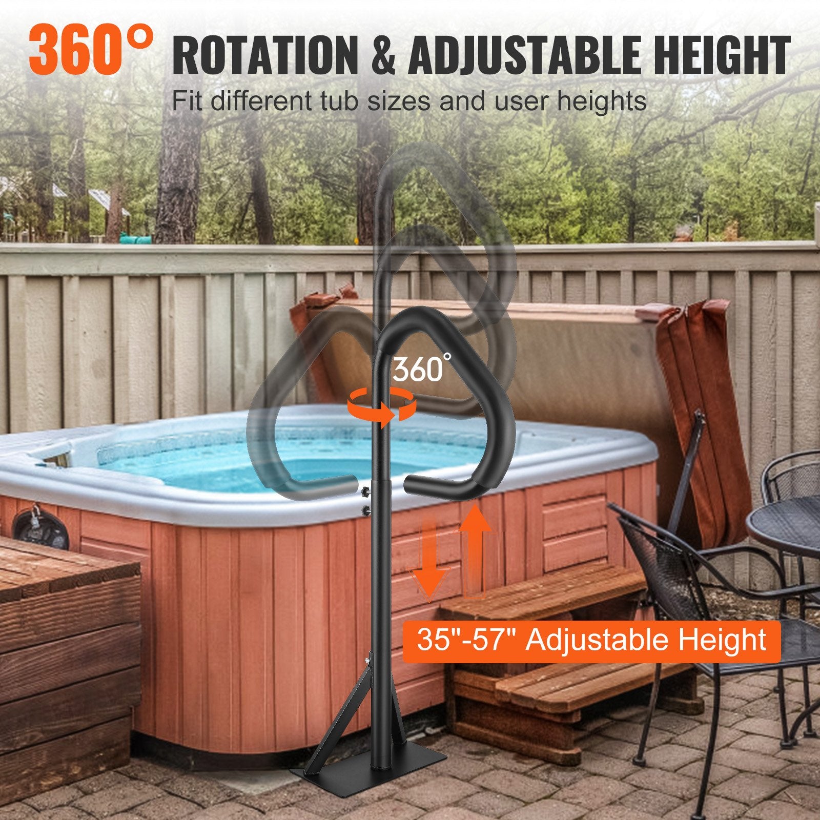 VEVOR Hot Tub Handrail, 360 Rotatable Spa Side Handrail with 35"-57" Adjustable Height, Rust-proof Aluminum Spa Step Hot Tub Hand Rail with Slide-Under Mount Base for Indoor & Outdoor, 600LBS Capacity 4