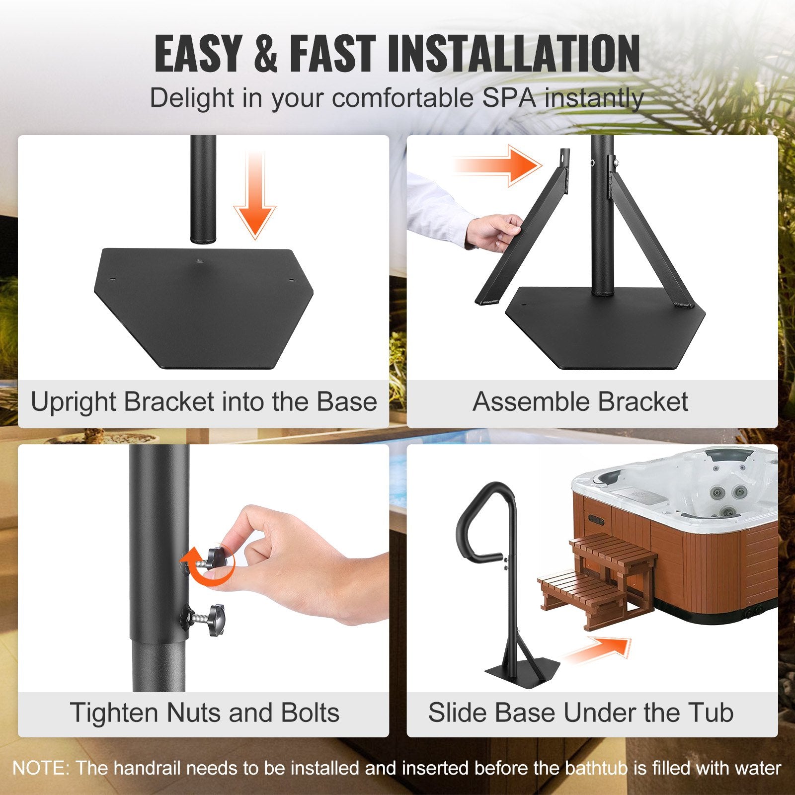 VEVOR Hot Tub Handrail, 360 Rotatable Spa Side Handrail with 35"-57" Adjustable Height, Rust-proof Aluminum Spa Step Hot Tub Hand Rail with Slide-Under Mount Base for Indoor & Outdoor, 600LBS Capacity 6