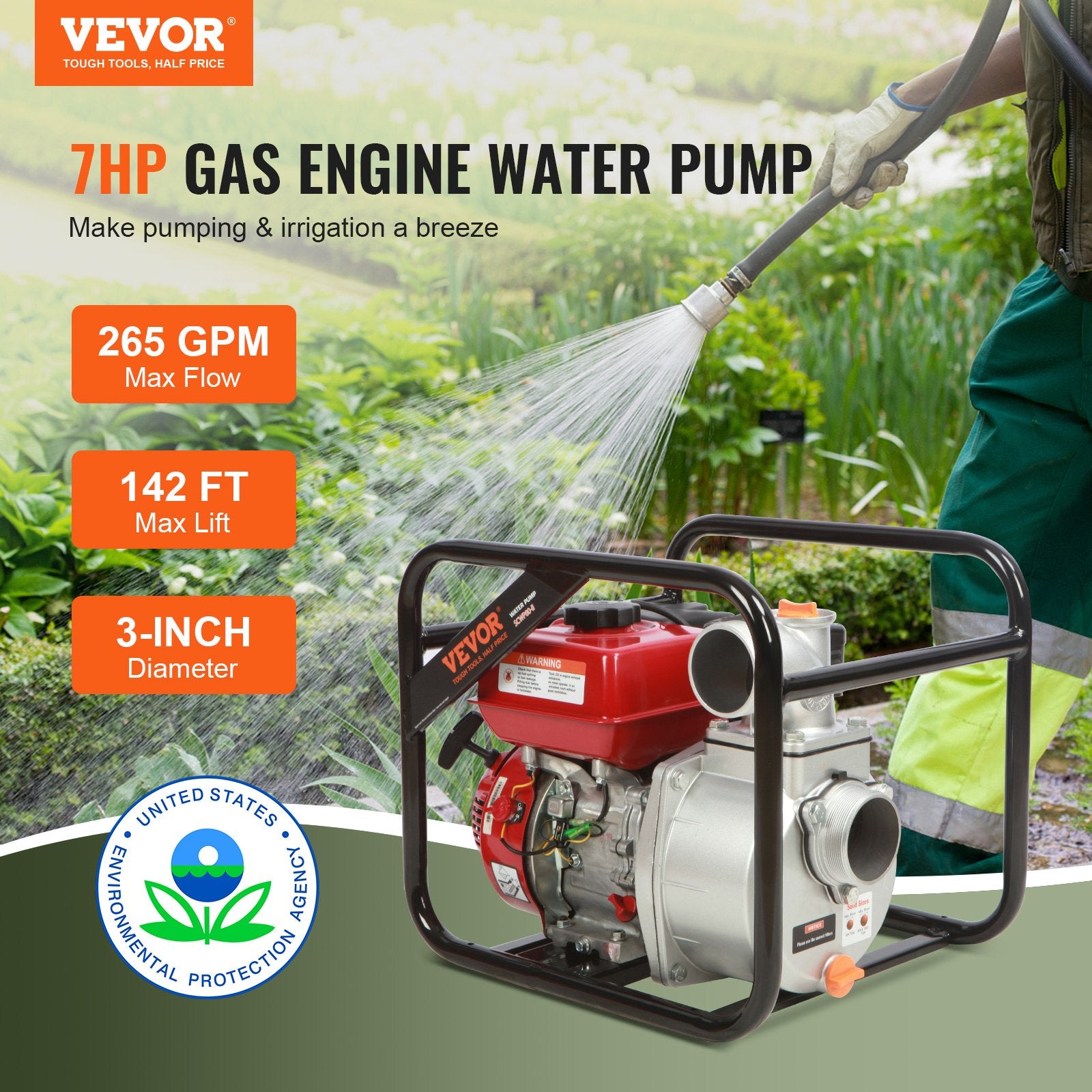 VEVOR Gasoline Engine Water Pump, 80 mm, 7HP 265 GPM, 43 m Lift, 7 m Suction, 4-Stroke Gas Powered Trash Water Transfer Pump Portable High Pressure with 25ft Hose for Irrigation Pool, EPA Certified