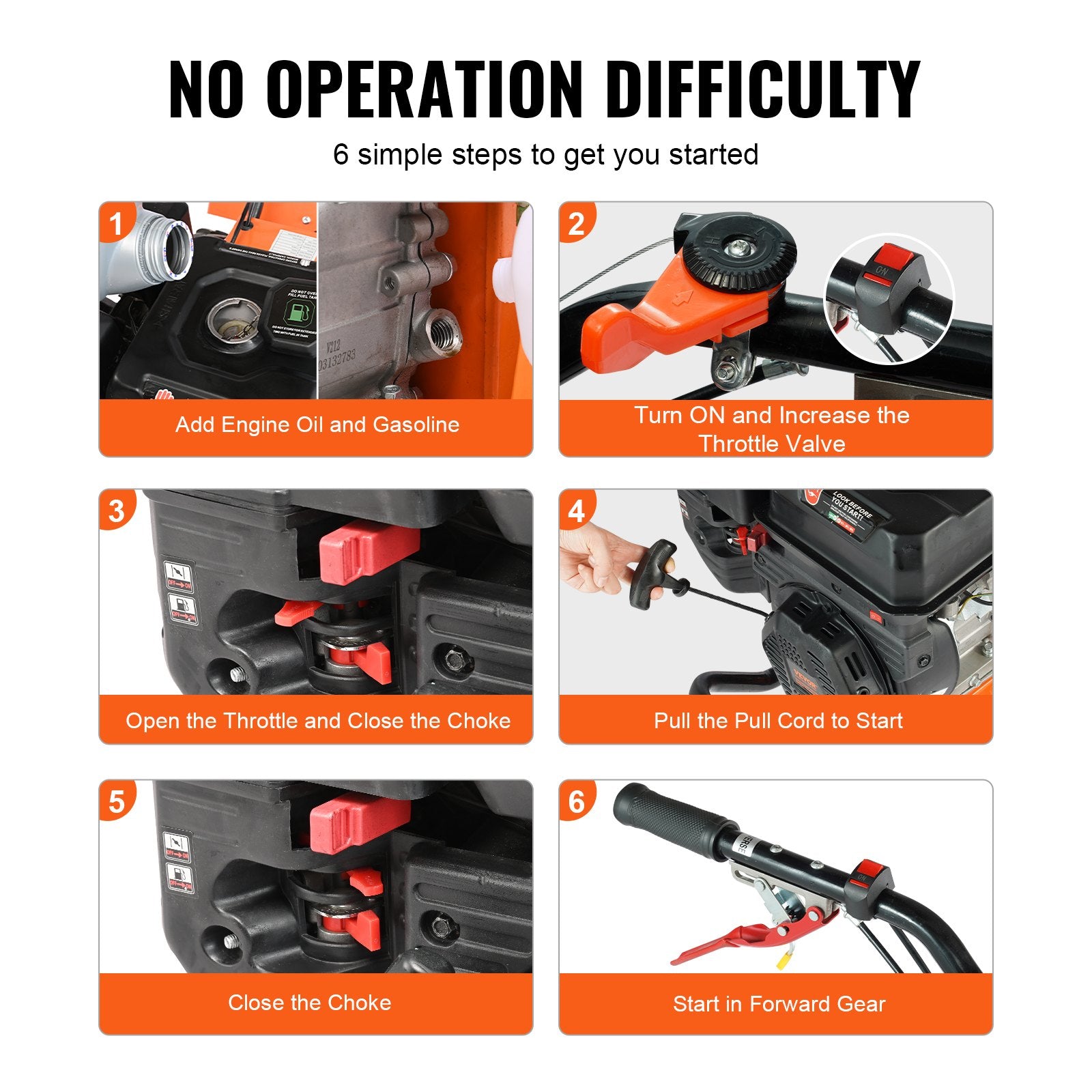 VEVOR Tiller Cultivator Gas Powered, 212CC 4-Stroke Garden Cultivator, Tiller with 4 Steel Adjustable Rear Tines for Lawn, Garden and Field Soil Cultivation 6