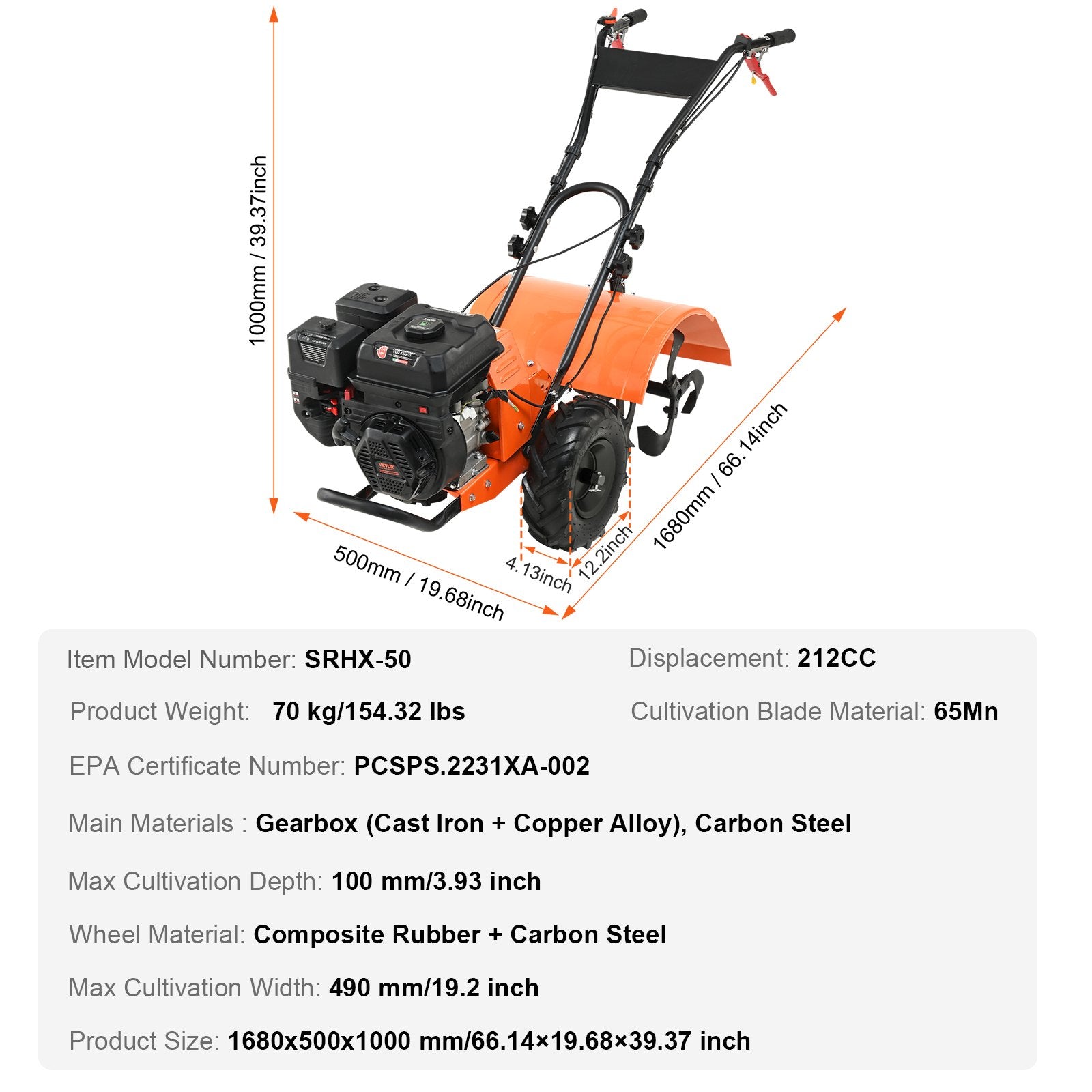 VEVOR Tiller Cultivator Gas Powered, 212CC 4-Stroke Garden Cultivator, Tiller with 4 Steel Adjustable Rear Tines for Lawn, Garden and Field Soil Cultivation 7