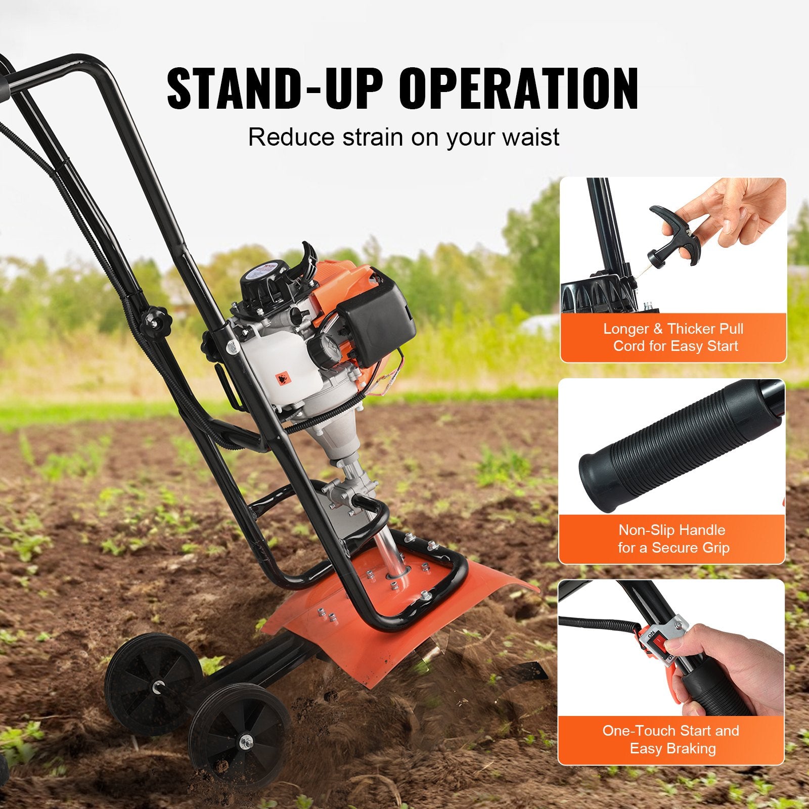 VEVOR Tiller Cultivator Gas Powered, 38CC 4-Stroke Garden Cultivator, Tiller with 4 Steel Adjustable Front Tines for Lawn, Garden and Field Soil Cultivation 5