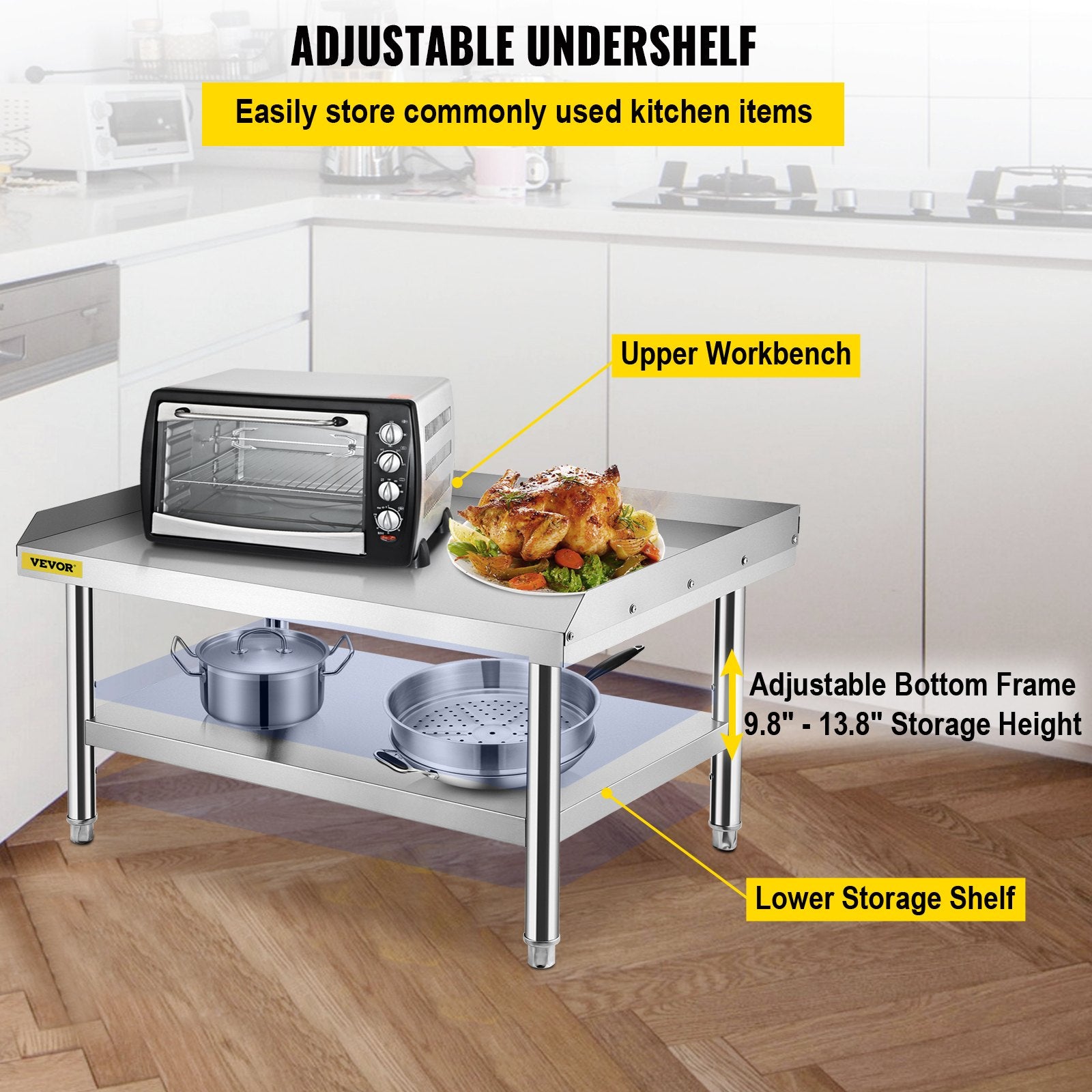 VEVOR Stainless Steel Equipment Grill Stand, 152x76x61 cm Stainless Table, Grill Stand Table with Adjustable Storage Undershelf, Equipment Stand Grill Table for Hotel, Home, Restaurant Kitchen 4