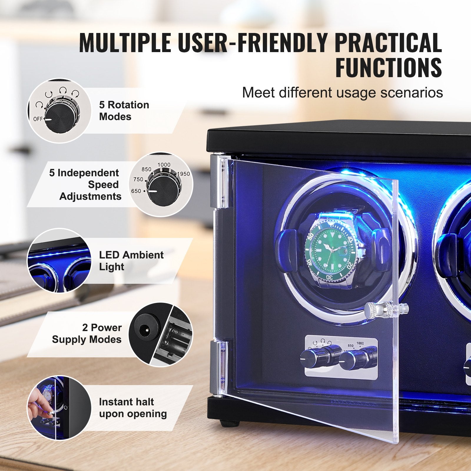 VEVOR Watch Winder, Dual Watch Winder for Men's and Women's Automatic Watch, with 2 Super Quiet Japanese Mabuchi Motors, Blue LED Light and Adapter, High-Density Board Shell and Black PU 5